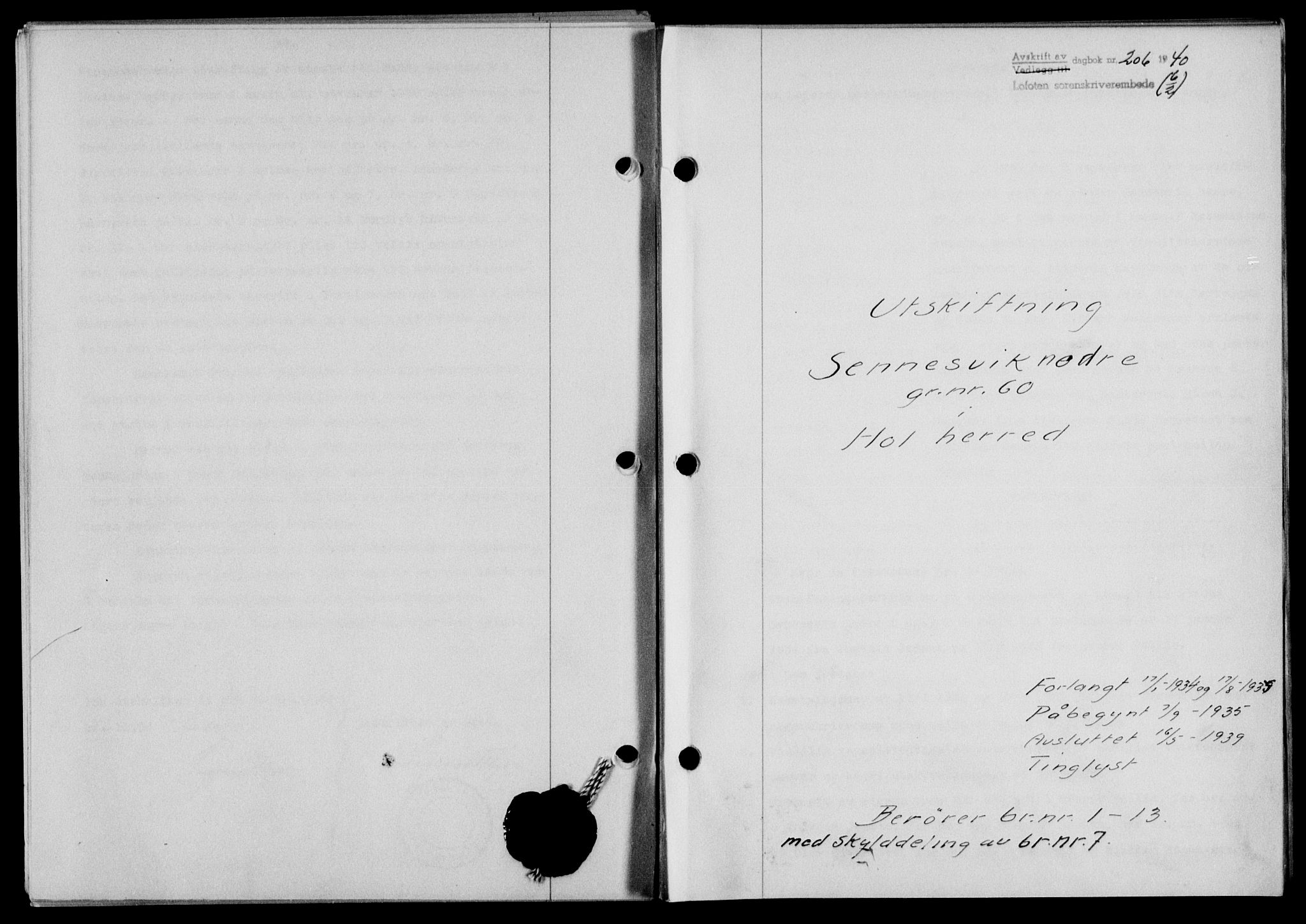 Lofoten sorenskriveri, SAT/A-0017/1/2/2C/L0007a: Mortgage book no. 7a, 1939-1940, Diary no: : 206/1940