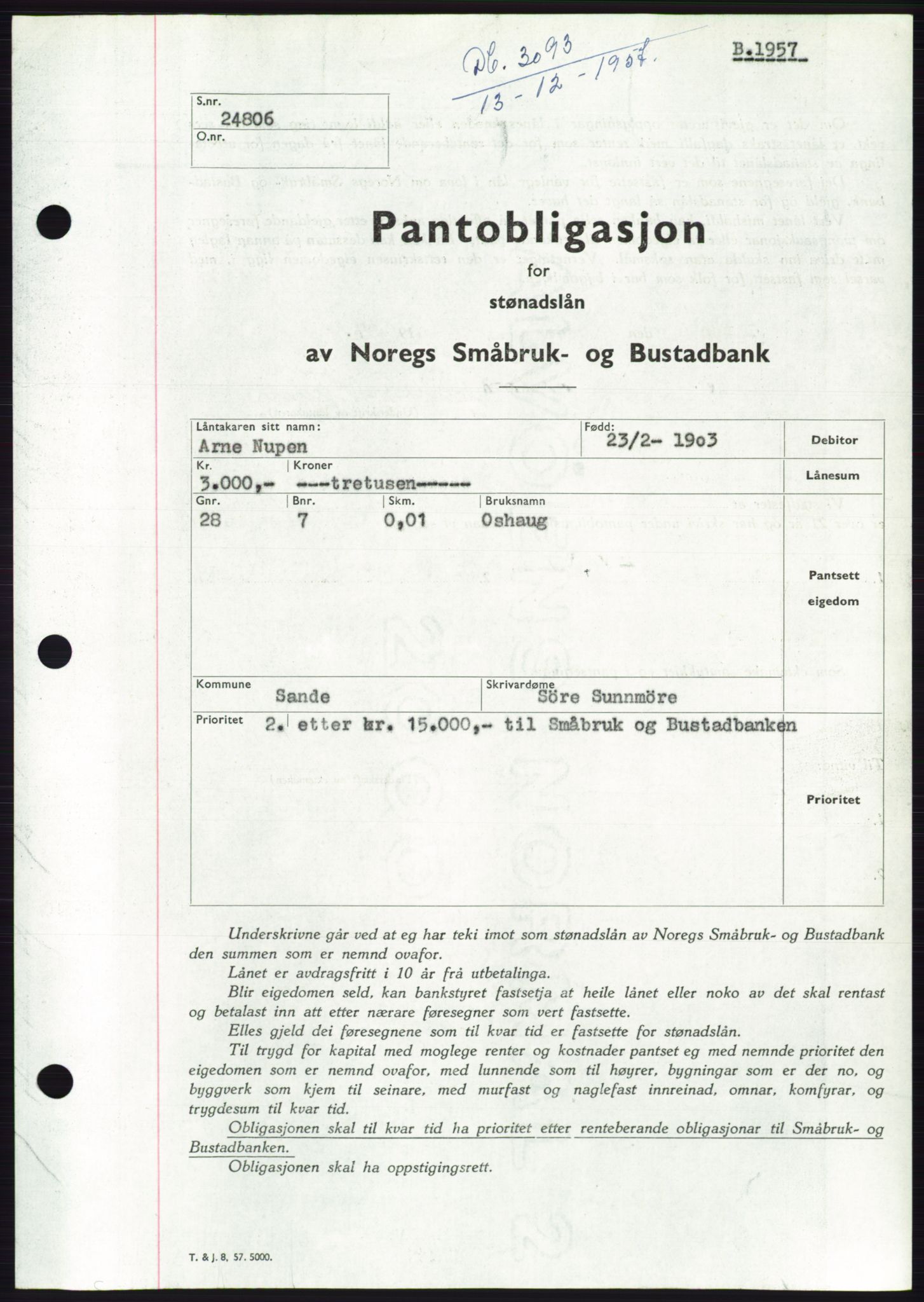 Søre Sunnmøre sorenskriveri, AV/SAT-A-4122/1/2/2C/L0130: Mortgage book no. 18B, 1957-1958, Diary no: : 3093/1957