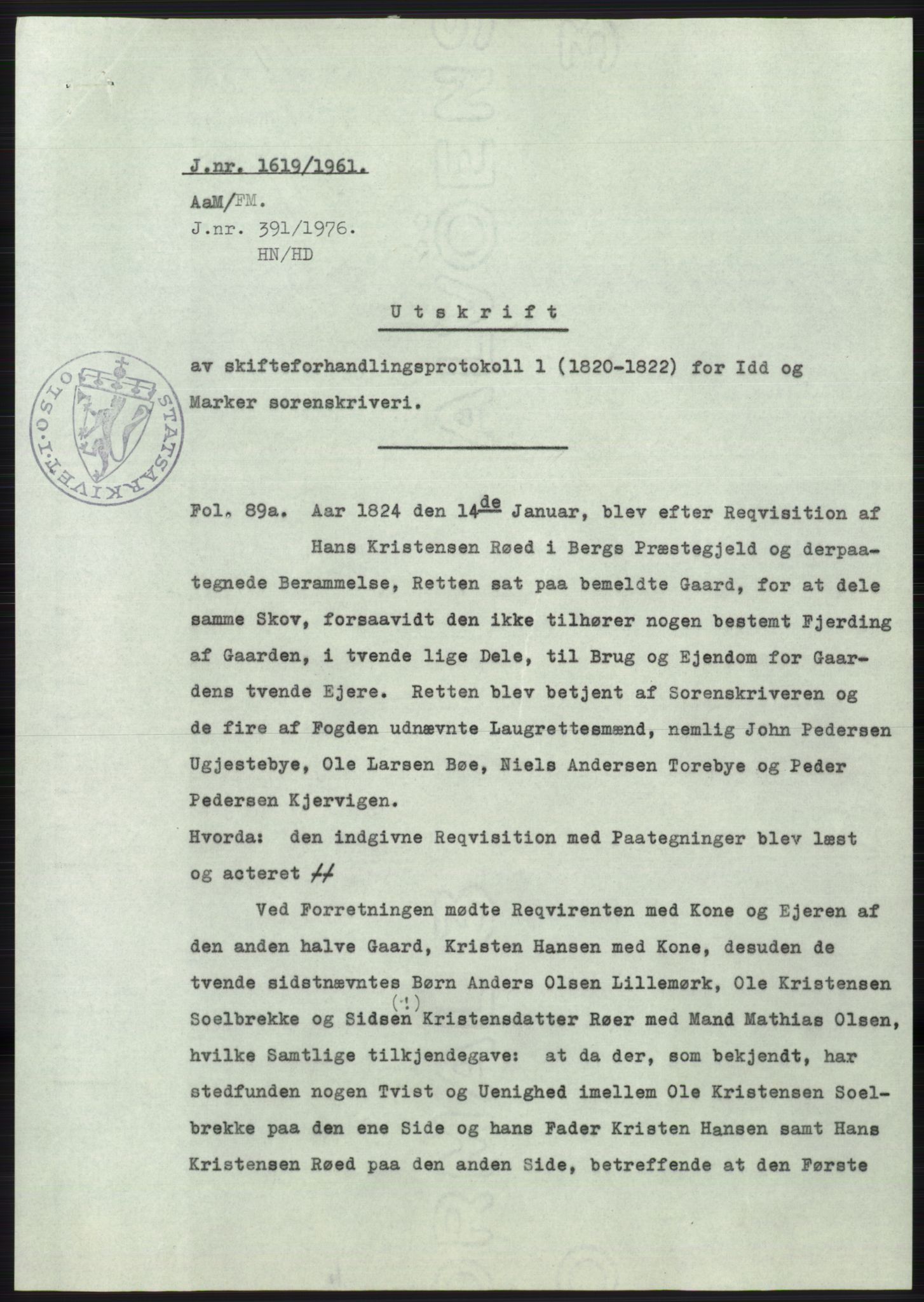Statsarkivet i Oslo, SAO/A-10621/Z/Zd/L0014: Avskrifter, j.nr 1101-1809/1961, 1961, p. 257