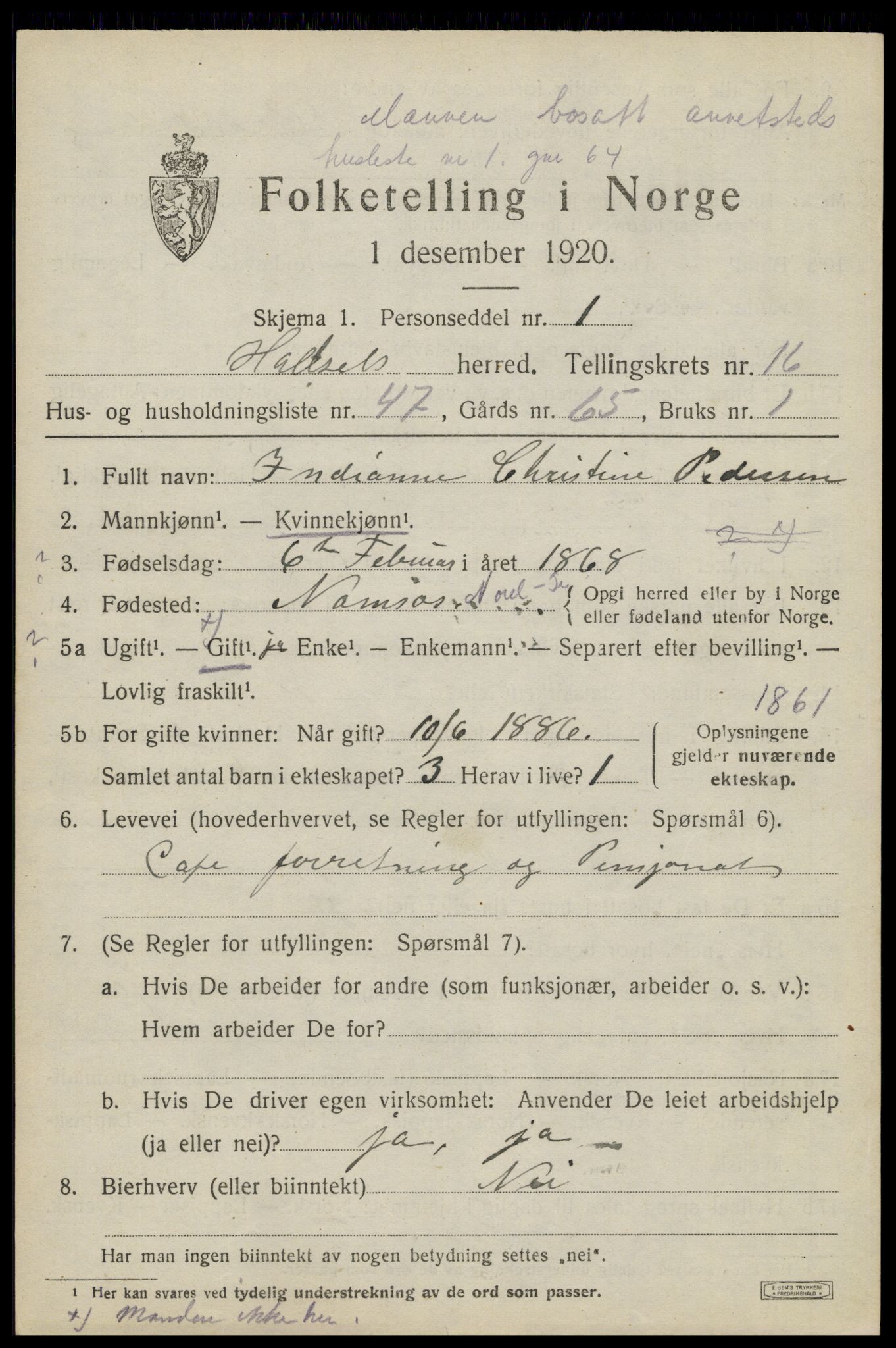 SAT, 1920 census for Hadsel, 1920, p. 14524