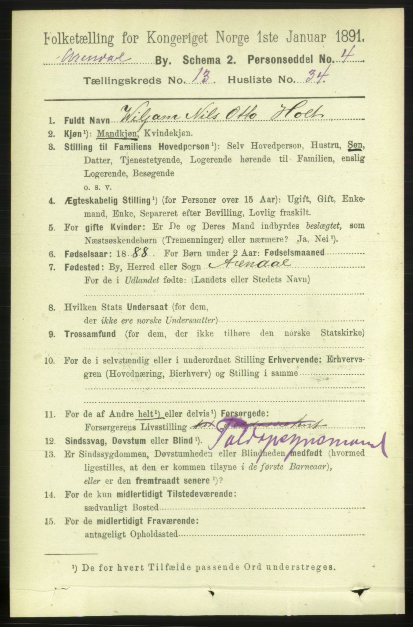 RA, 1891 census for 0903 Arendal, 1891, p. 4765