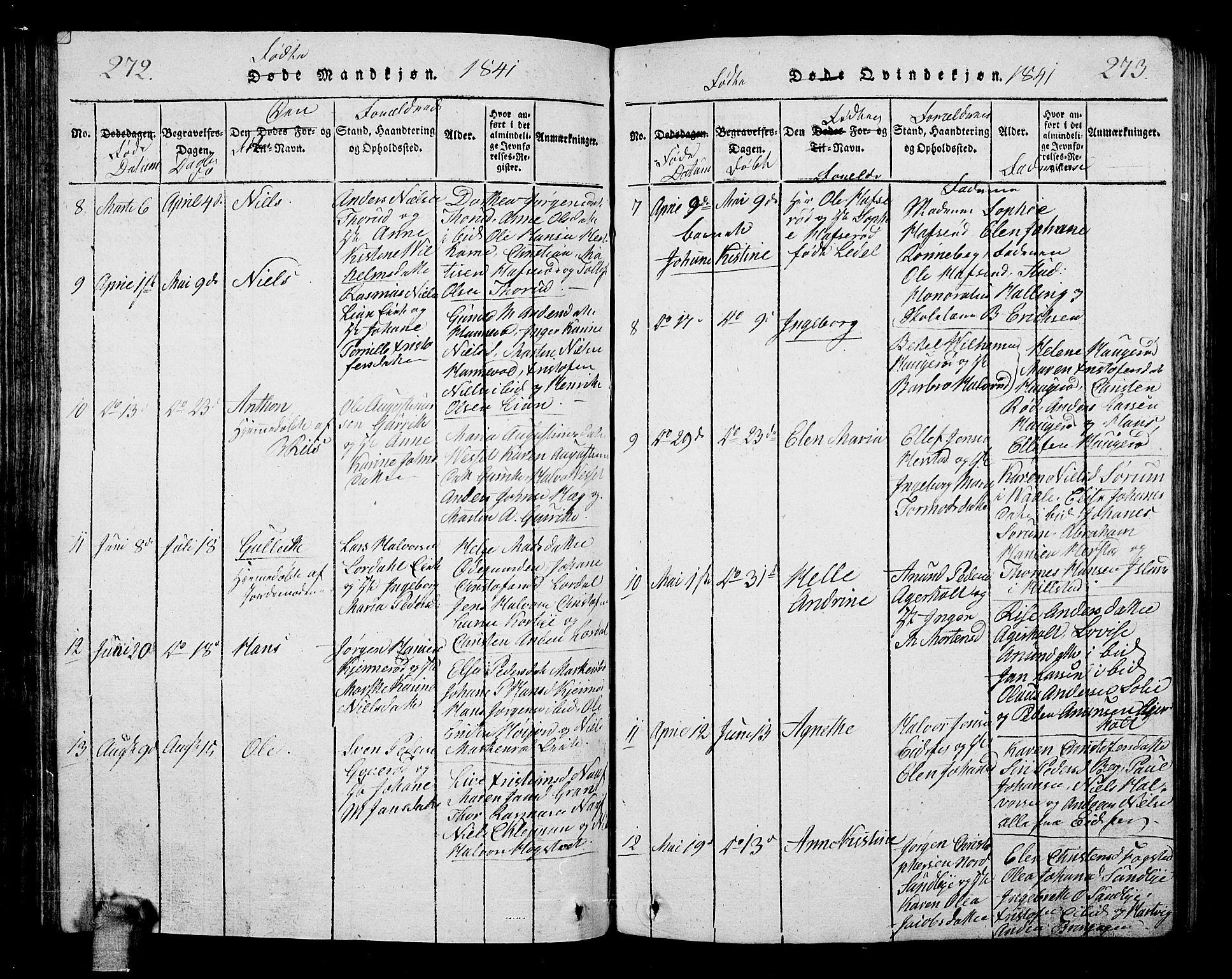 Hof kirkebøker, AV/SAKO-A-64/G/Ga/L0001: Parish register (copy) no. I 1, 1814-1844, p. 272-273