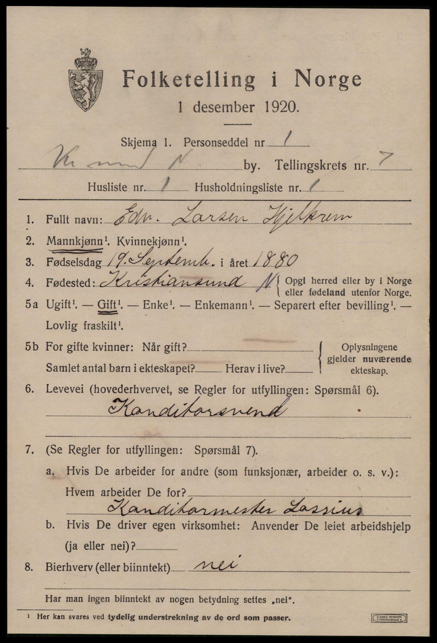 SAT, 1920 census for Kristiansund, 1920, p. 18063