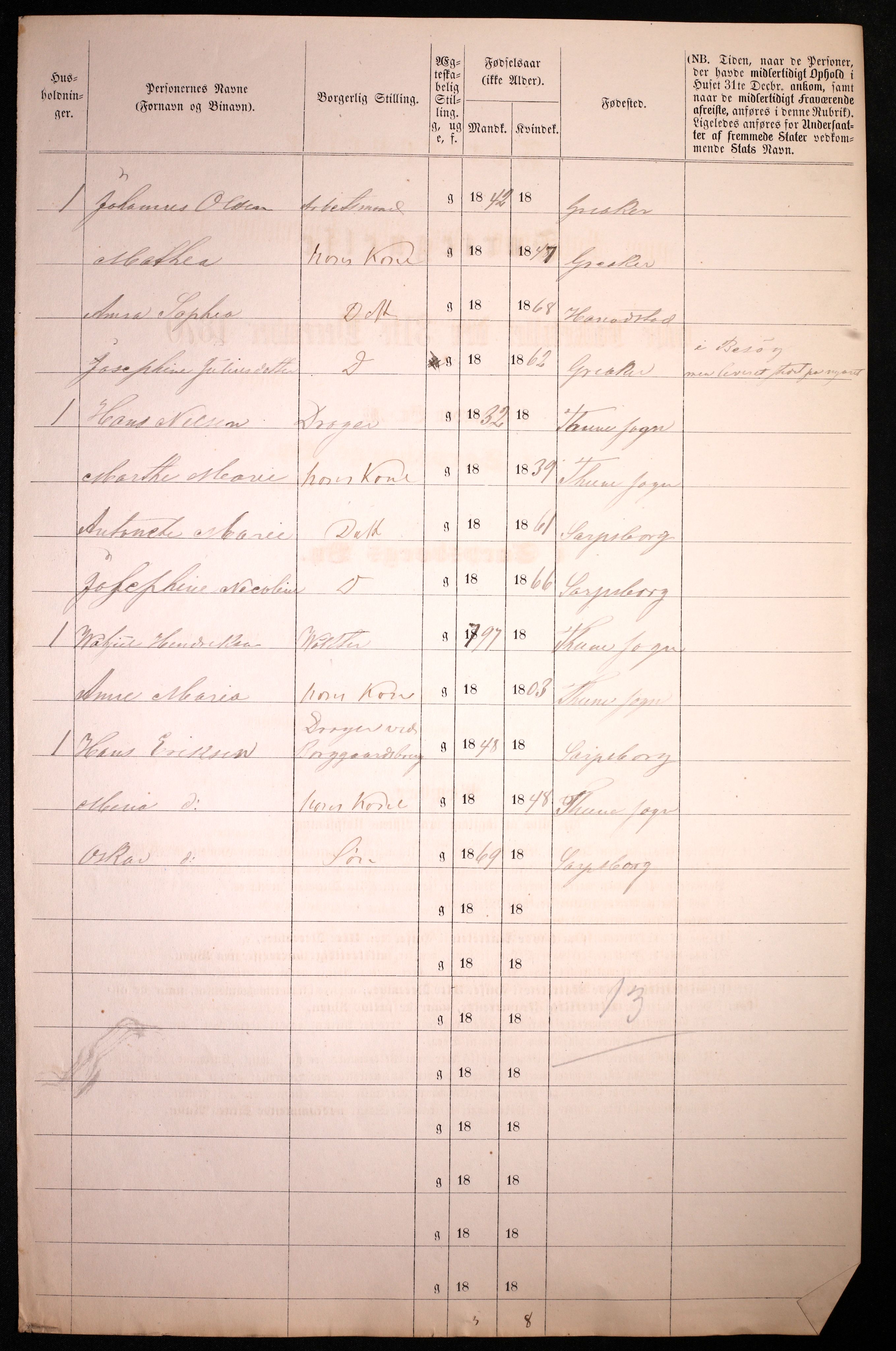 RA, 1870 census for 0102 Sarpsborg, 1870, p. 240