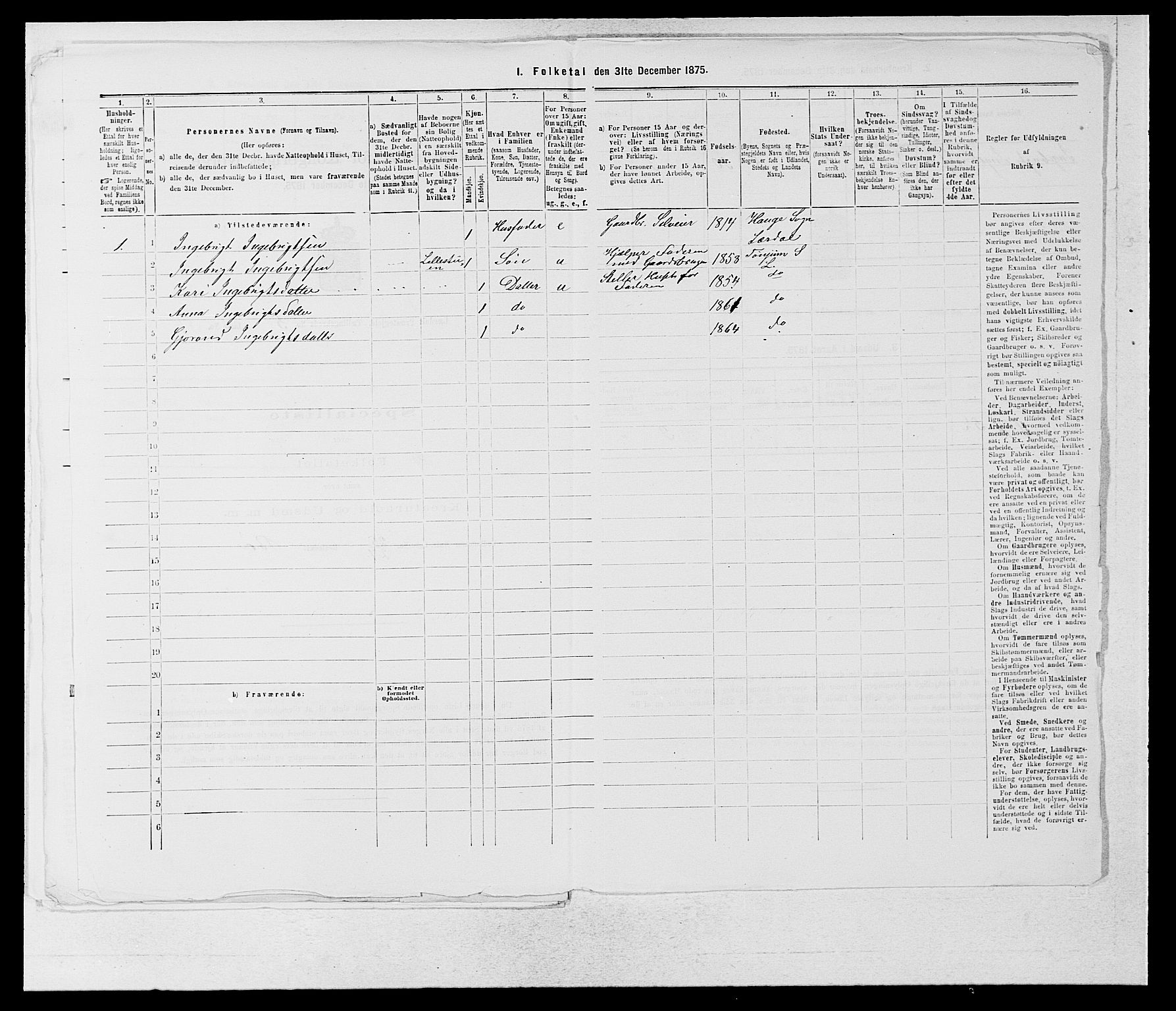 SAB, 1875 census for 1422P Lærdal, 1875, p. 754