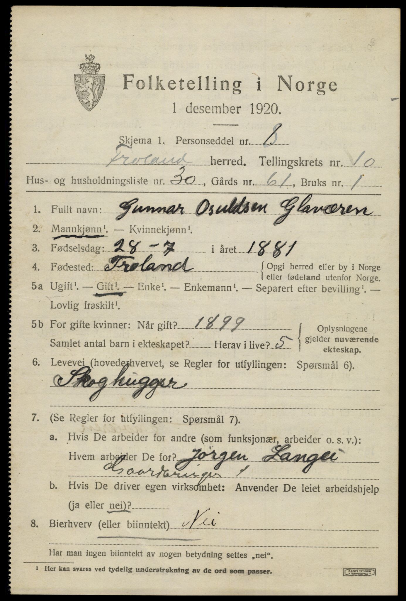 SAK, 1920 census for Froland, 1920, p. 5657