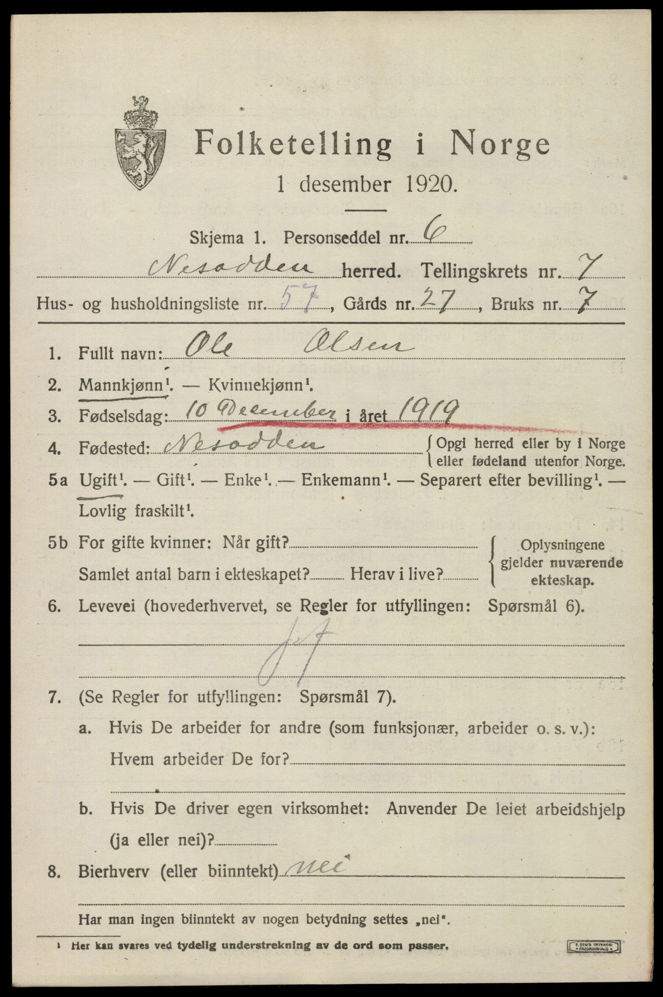 SAO, 1920 census for Nesodden, 1920, p. 6263