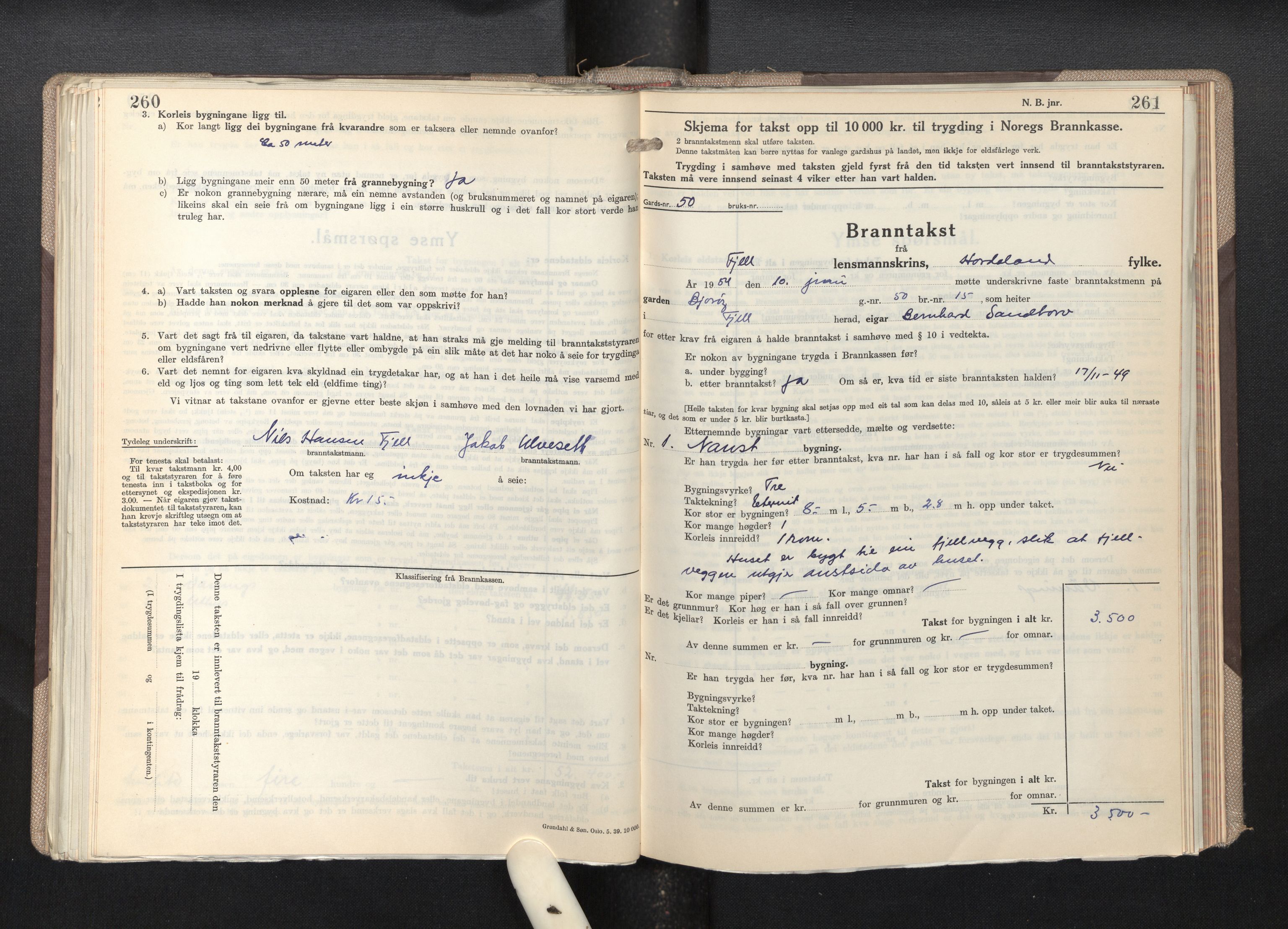 Lensmannen i Fjell, AV/SAB-A-32301/0012/L0007: Branntakstprotokoll, skjematakst, 1946-1955, p. 260-261