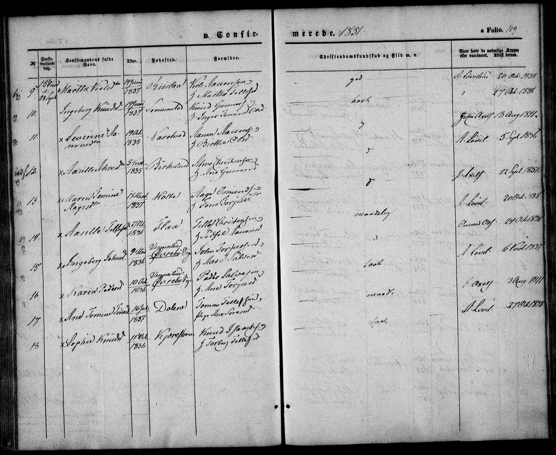 Birkenes sokneprestkontor, AV/SAK-1111-0004/F/Fa/L0003: Parish register (official) no. A 3, 1850-1866, p. 109