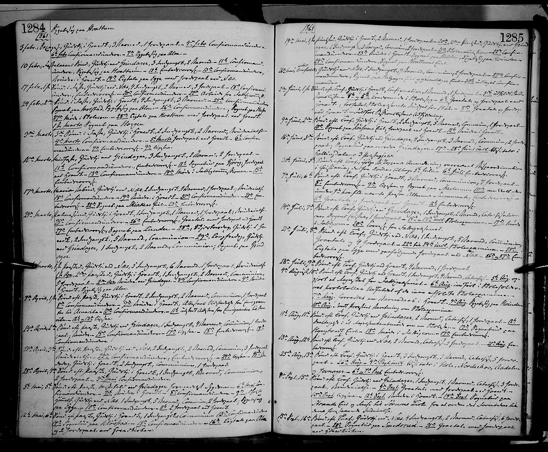 Gran prestekontor, AV/SAH-PREST-112/H/Ha/Haa/L0012: Parish register (official) no. 12, 1856-1874, p. 1284-1285