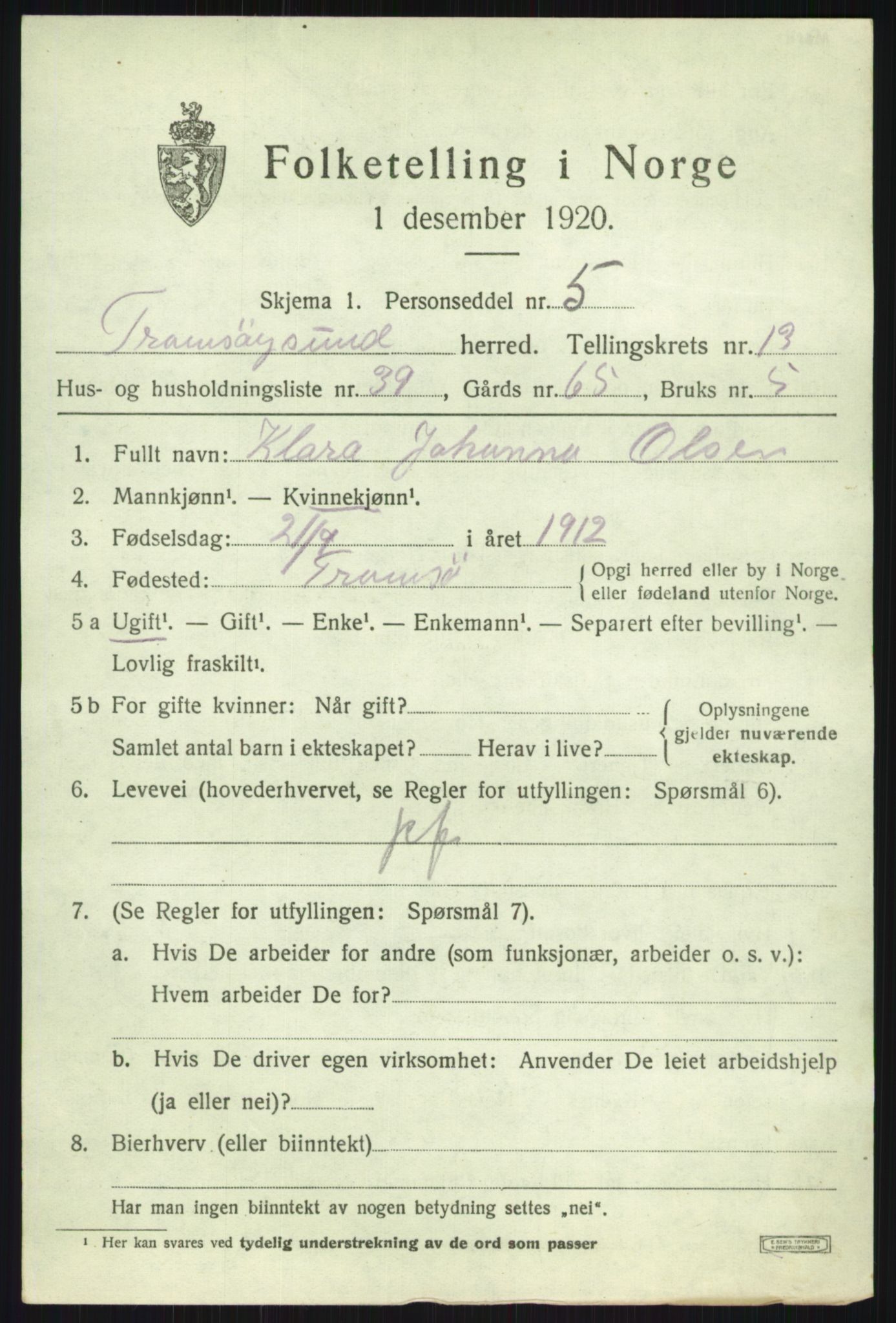 SATØ, 1920 census for Tromsøysund, 1920, p. 8492