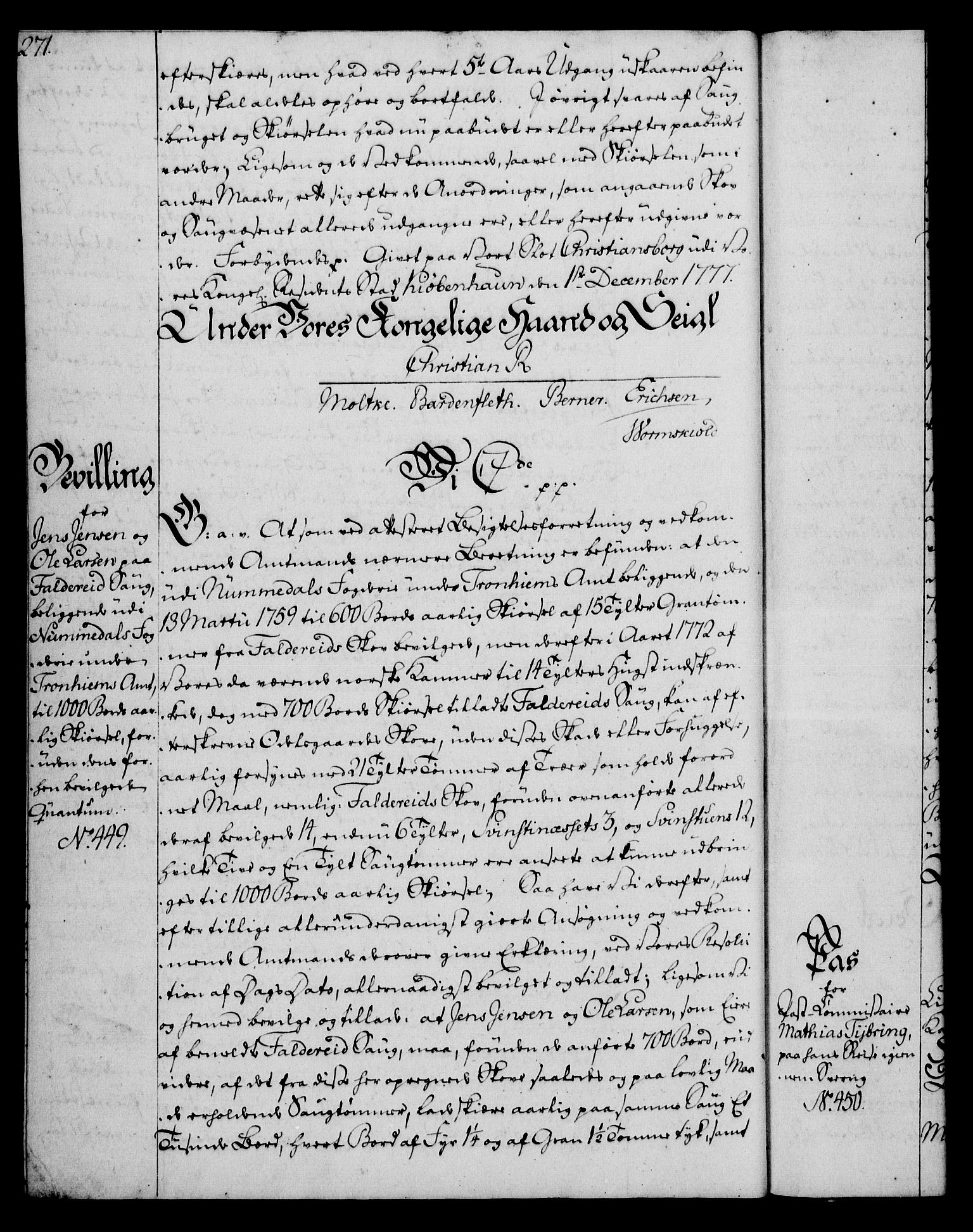 Rentekammeret, Kammerkanselliet, RA/EA-3111/G/Gg/Gga/L0010: Norsk ekspedisjonsprotokoll med register (merket RK 53.10), 1773-1778, p. 271