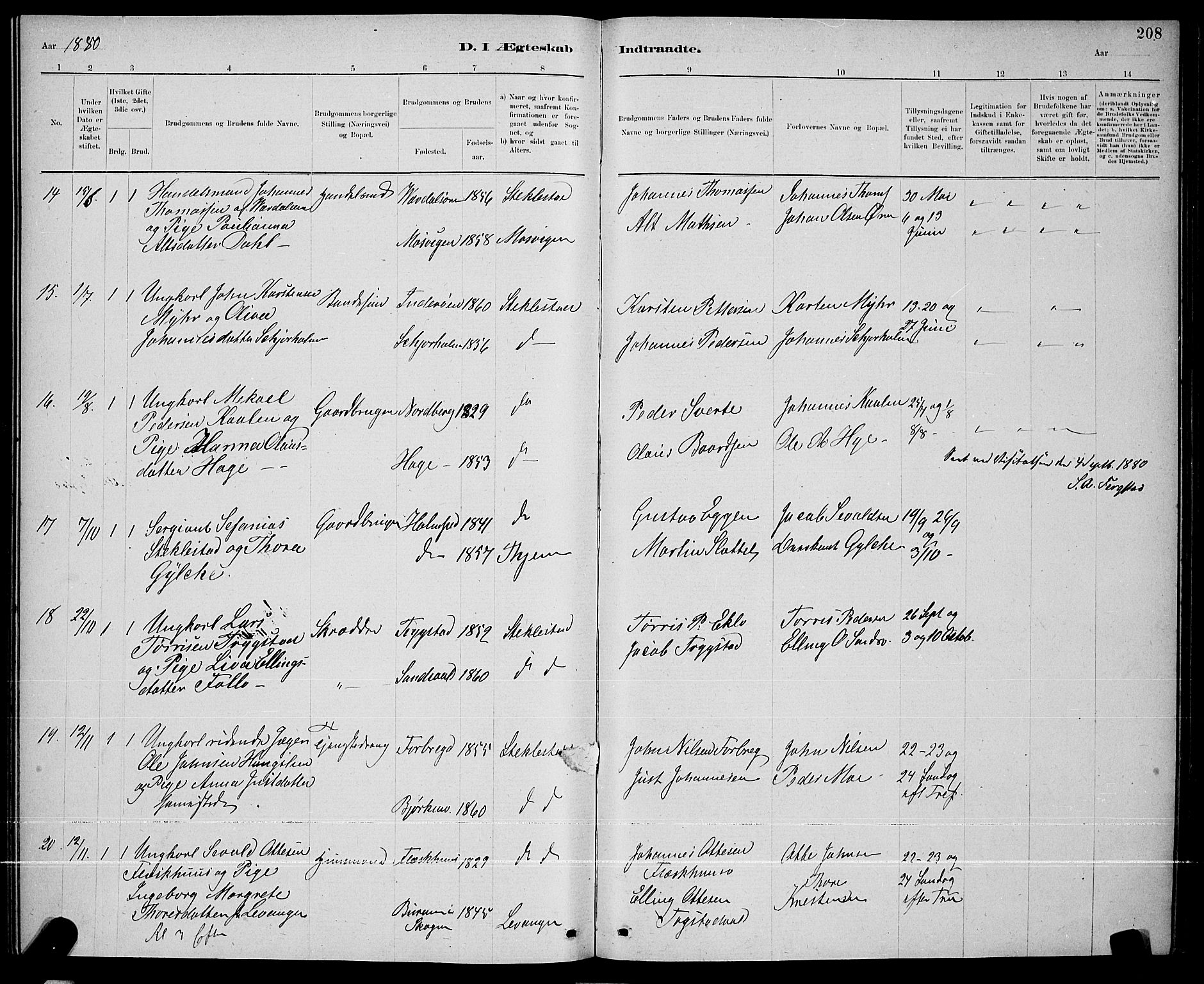 Ministerialprotokoller, klokkerbøker og fødselsregistre - Nord-Trøndelag, SAT/A-1458/723/L0256: Parish register (copy) no. 723C04, 1879-1890, p. 208