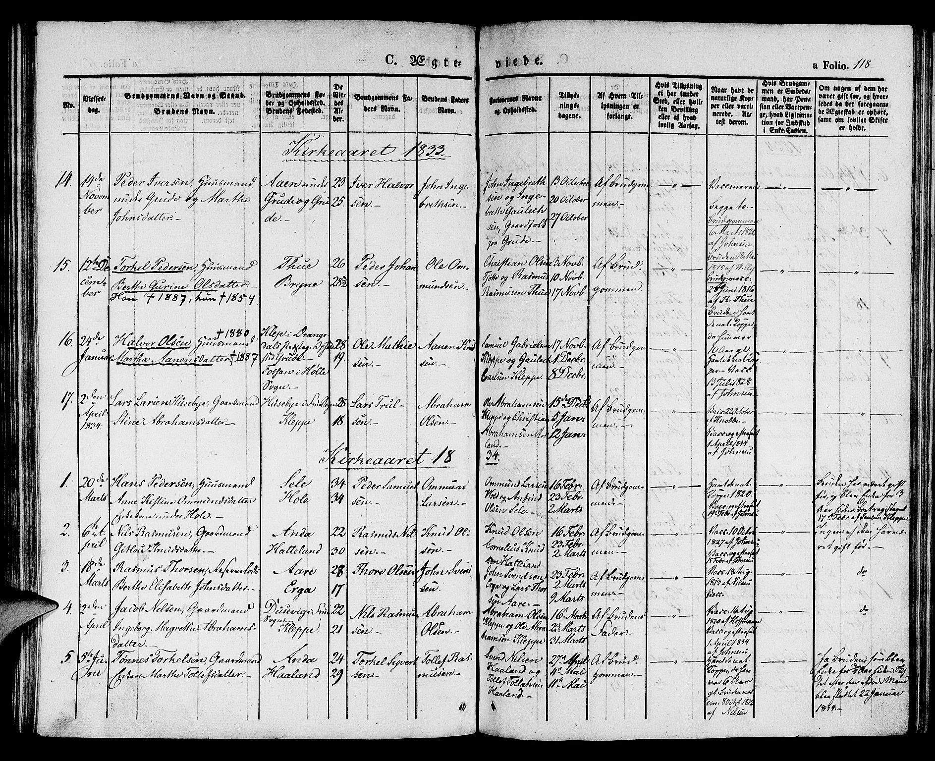Klepp sokneprestkontor, SAST/A-101803/001/3/30BA/L0003: Parish register (official) no. A 3, 1833-1842, p. 118