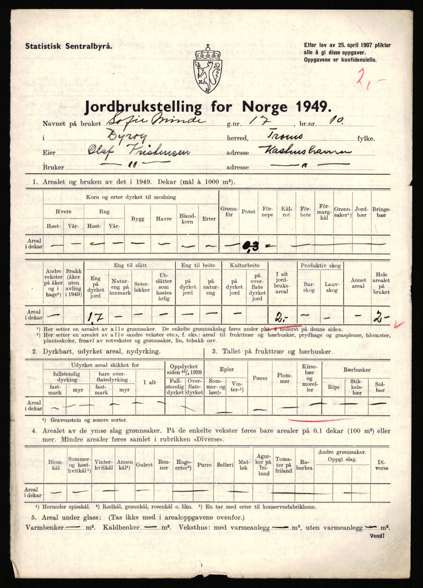 Statistisk sentralbyrå, Næringsøkonomiske emner, Jordbruk, skogbruk, jakt, fiske og fangst, AV/RA-S-2234/G/Gc/L0440: Troms: Sørreisa og Dyrøy, 1949, p. 894