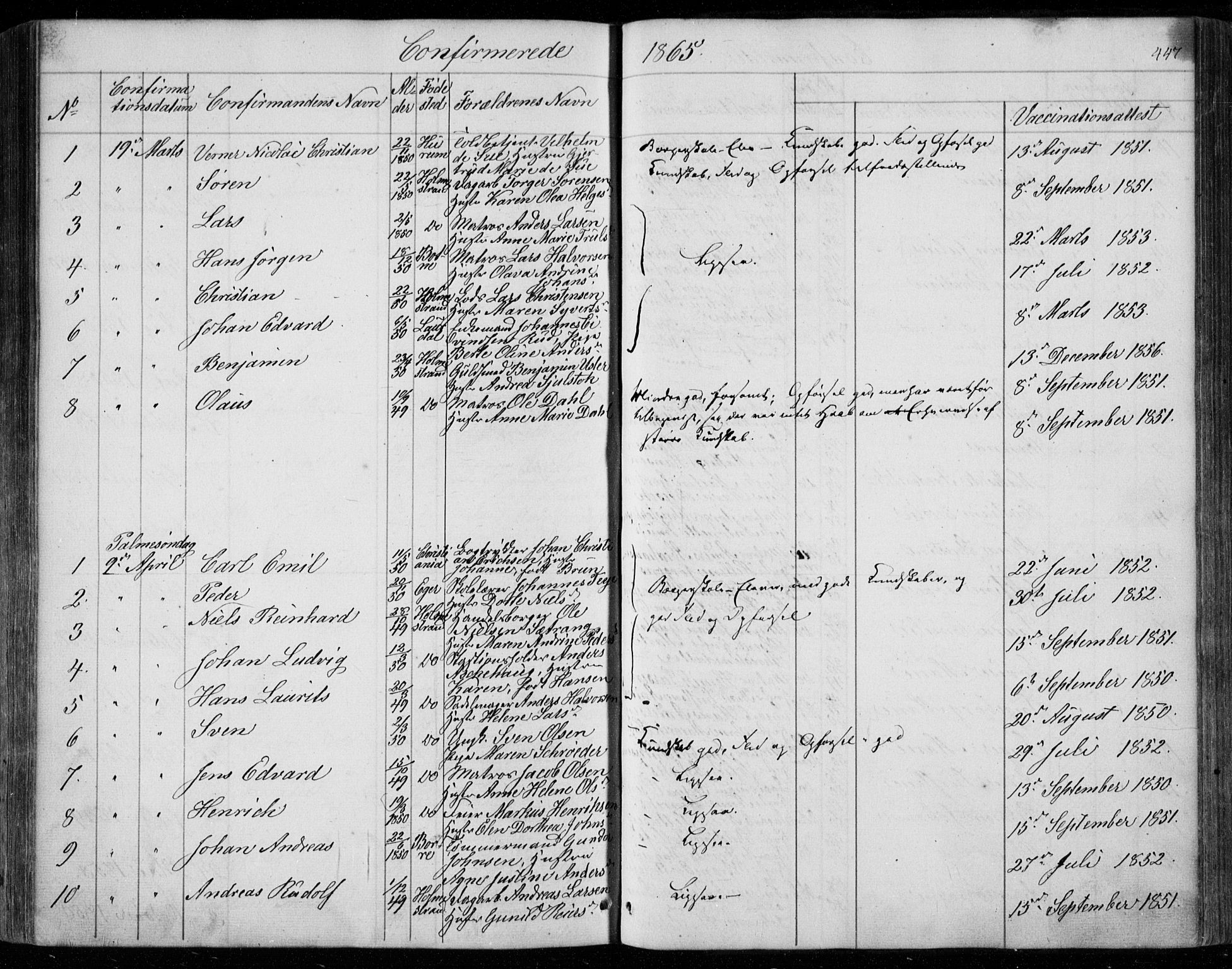 Holmestrand kirkebøker, AV/SAKO-A-346/F/Fa/L0002: Parish register (official) no. 2, 1840-1866, p. 447