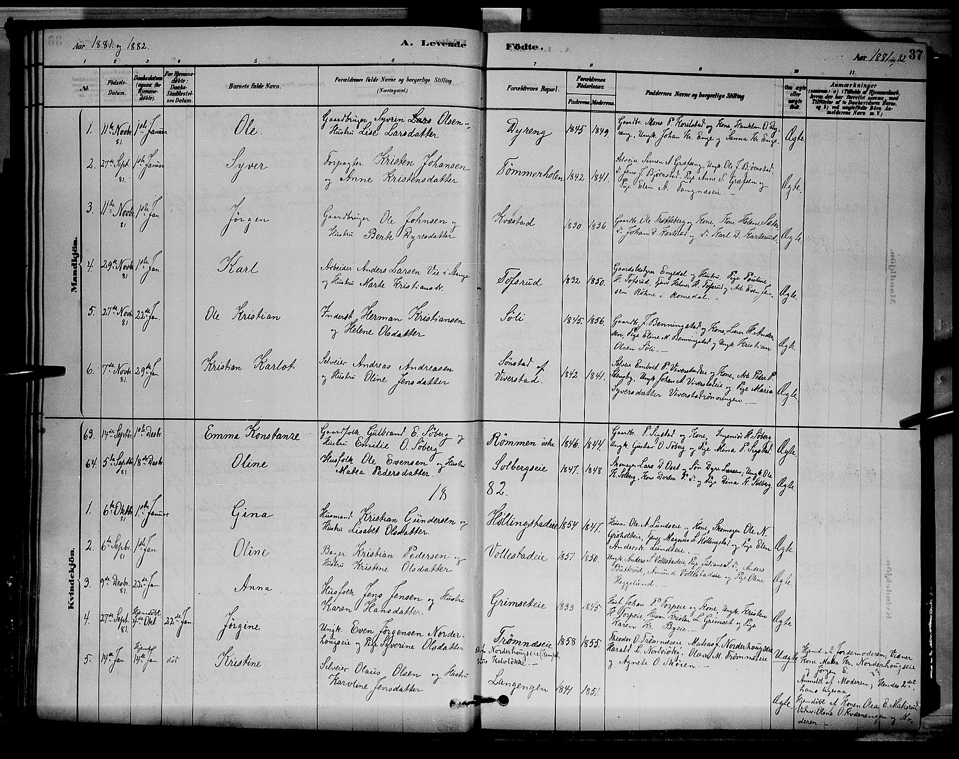 Løten prestekontor, SAH/PREST-022/L/La/L0005: Parish register (copy) no. 5, 1878-1891, p. 37