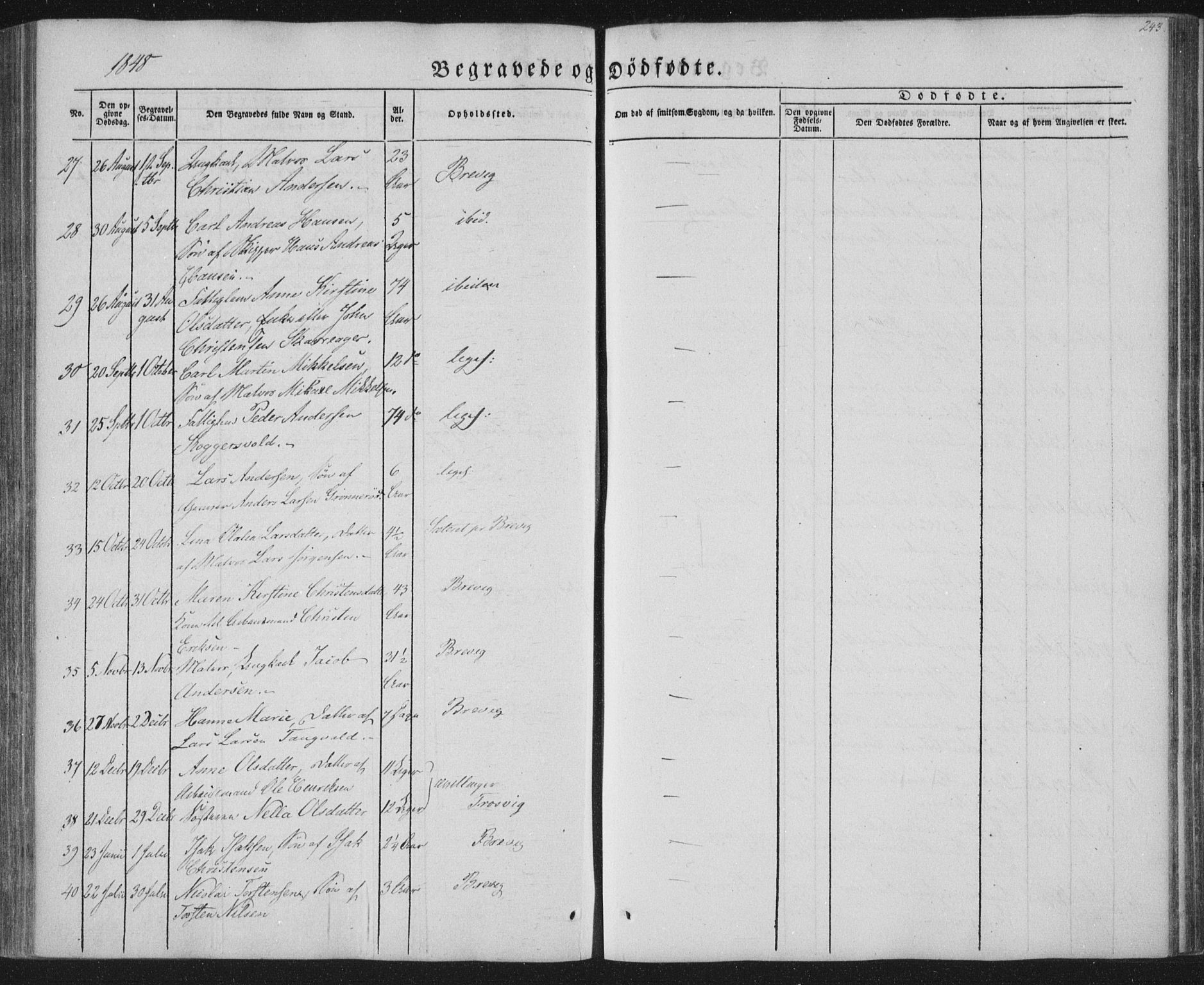 Brevik kirkebøker, AV/SAKO-A-255/F/Fa/L0005: Parish register (official) no. 5, 1847-1865, p. 243