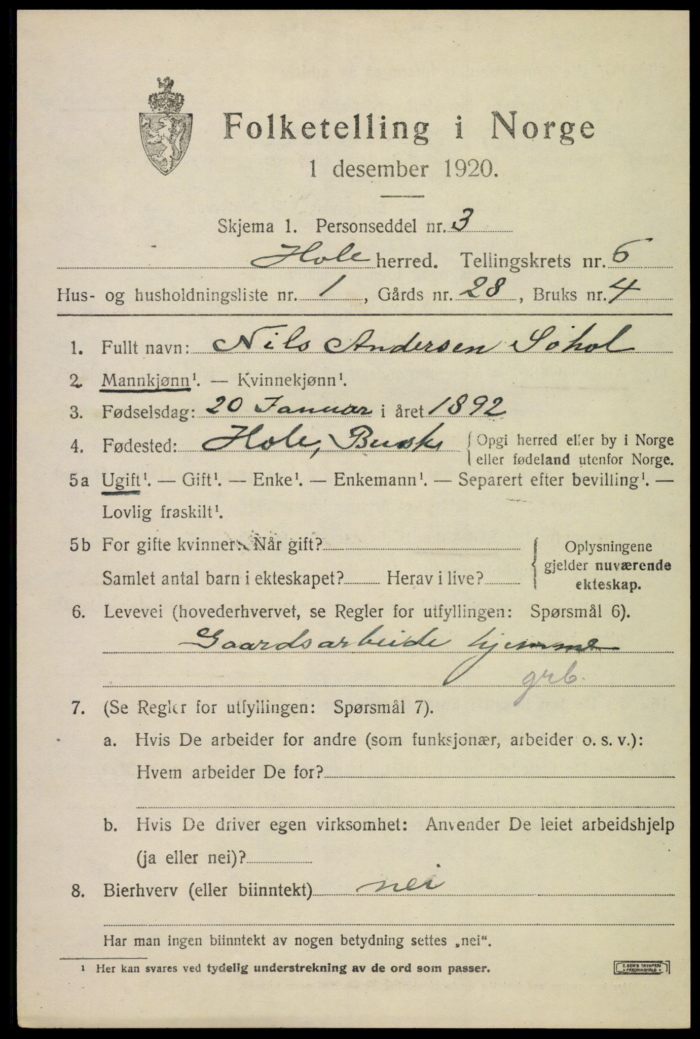 SAKO, 1920 census for Hole, 1920, p. 3559