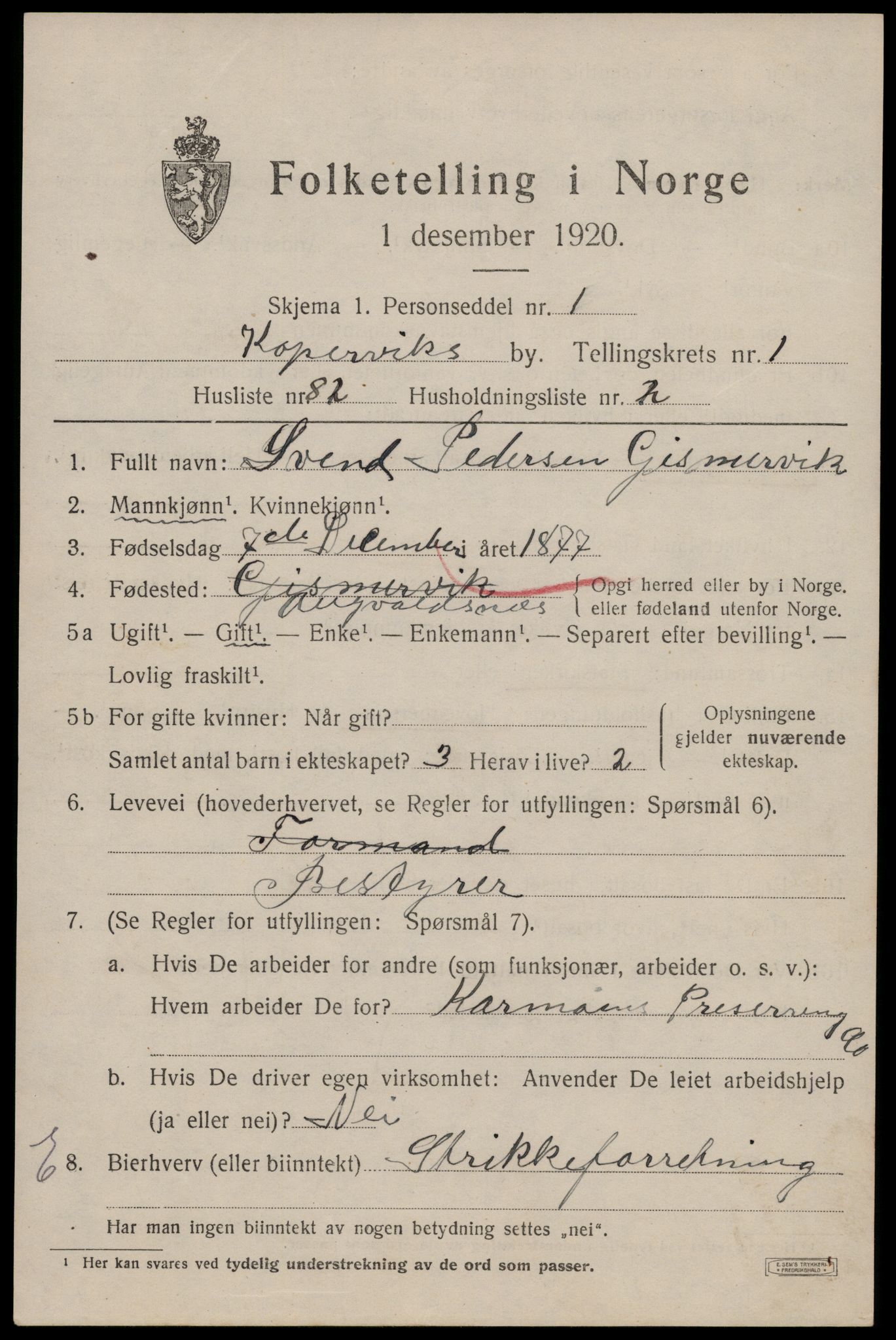 SAST, 1920 census for Kopervik, 1920, p. 2438