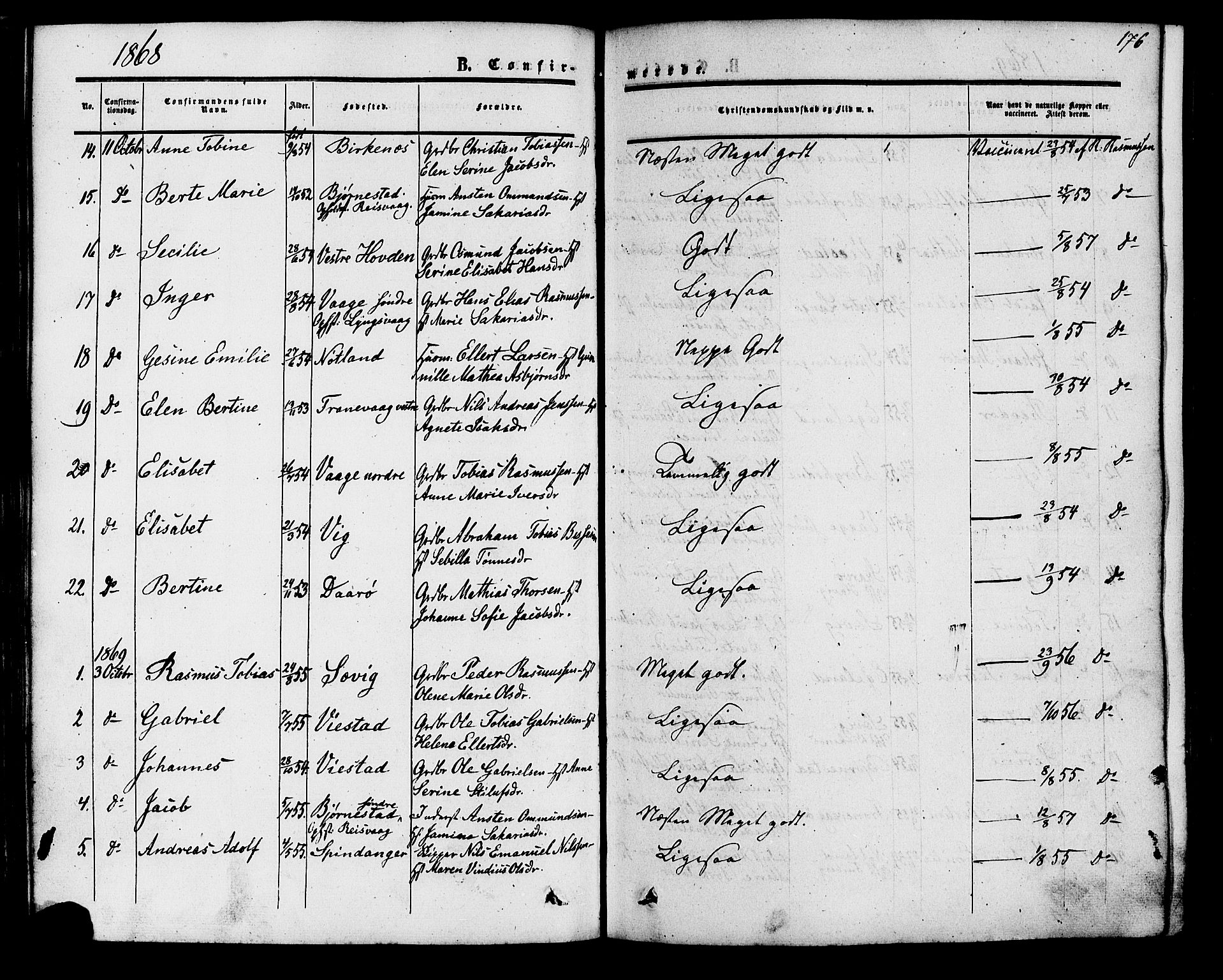 Herad sokneprestkontor, SAK/1111-0018/F/Fa/Fab/L0004: Parish register (official) no. A 4, 1853-1885, p. 176