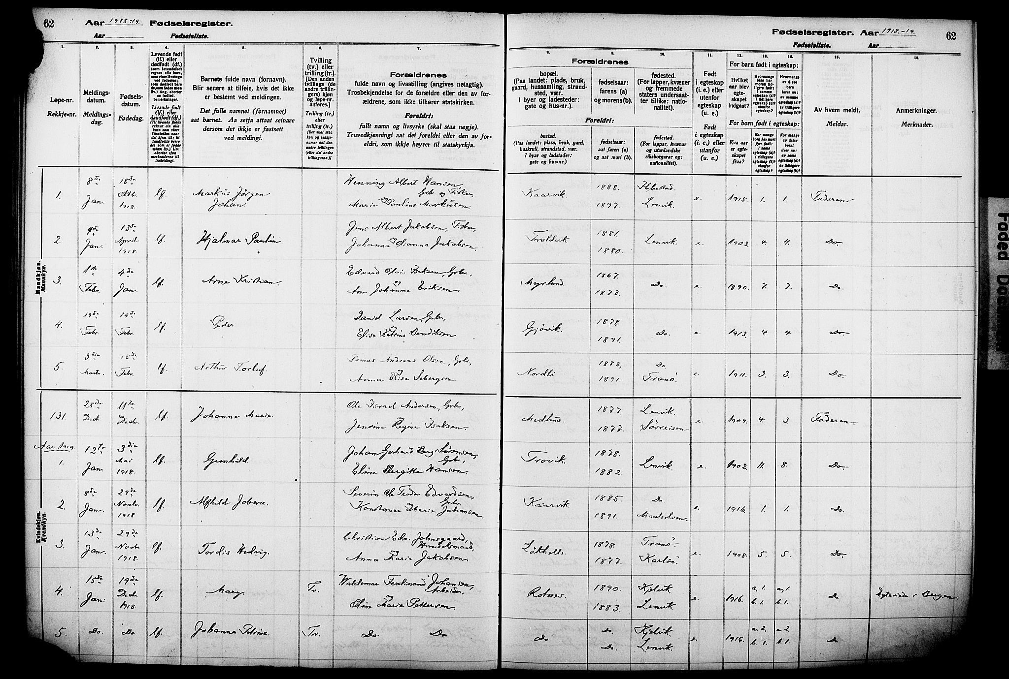 Lenvik sokneprestembete, SATØ/S-1310/I/Ic/L0089: Birth register no. 89, 1916-1926, p. 62