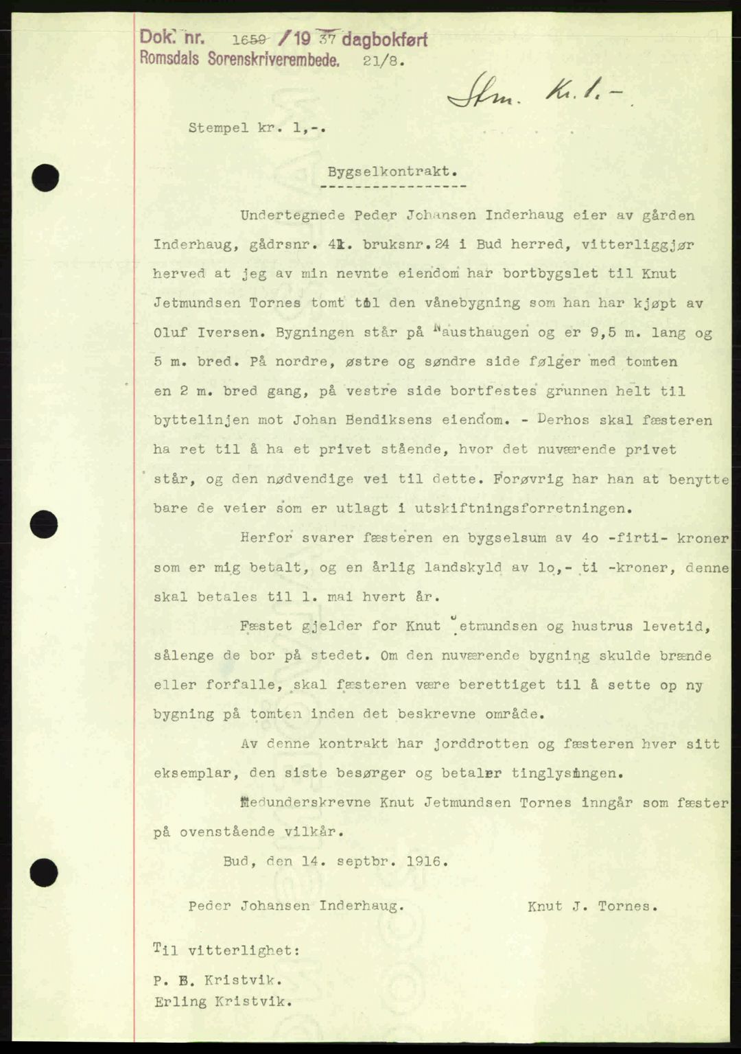 Romsdal sorenskriveri, SAT/A-4149/1/2/2C: Mortgage book no. A3, 1937-1937, Diary no: : 1659/1937