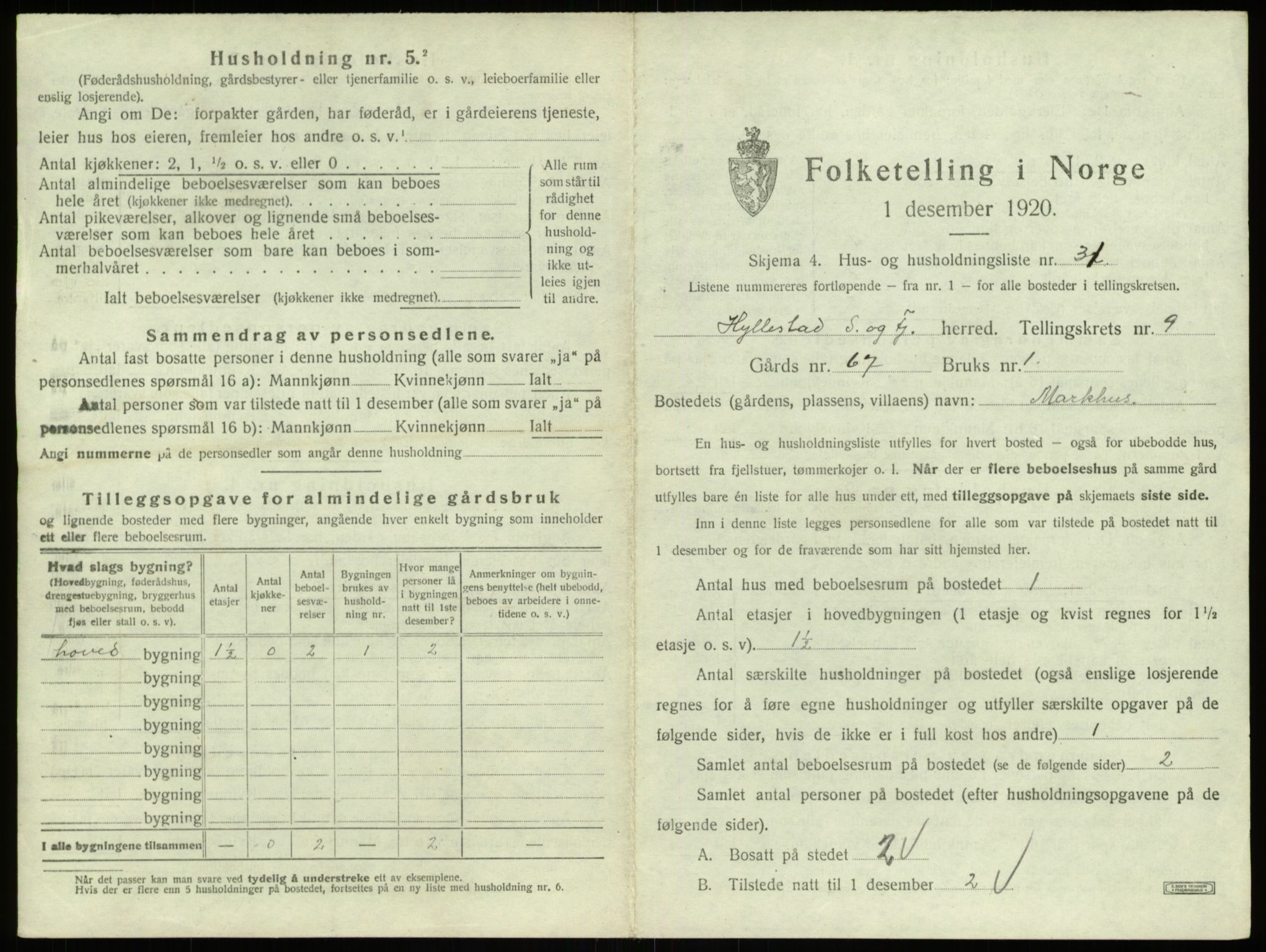 SAB, 1920 census for Hyllestad, 1920, p. 565