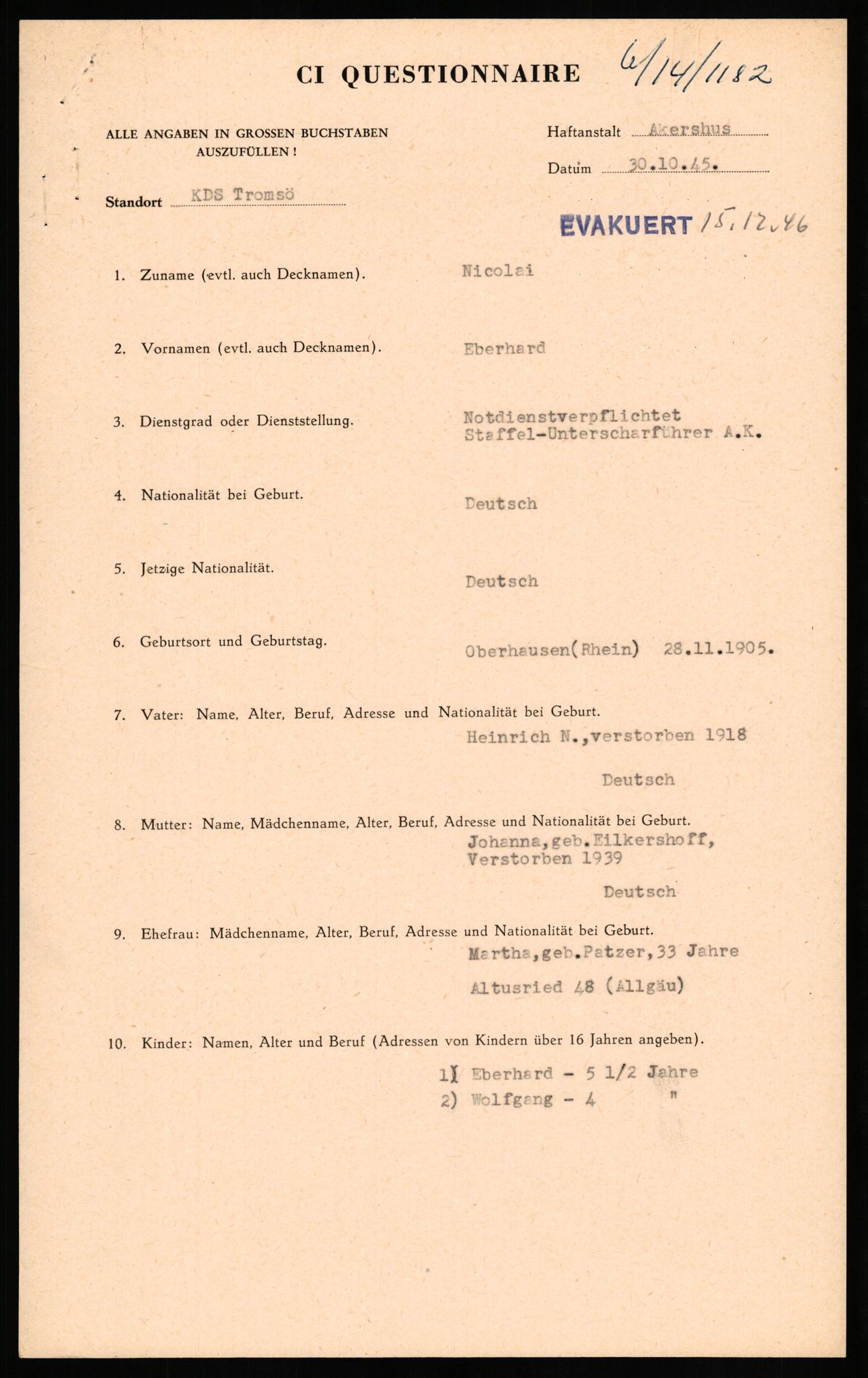 Forsvaret, Forsvarets overkommando II, RA/RAFA-3915/D/Db/L0024: CI Questionaires. Tyske okkupasjonsstyrker i Norge. Tyskere., 1945-1946, p. 138