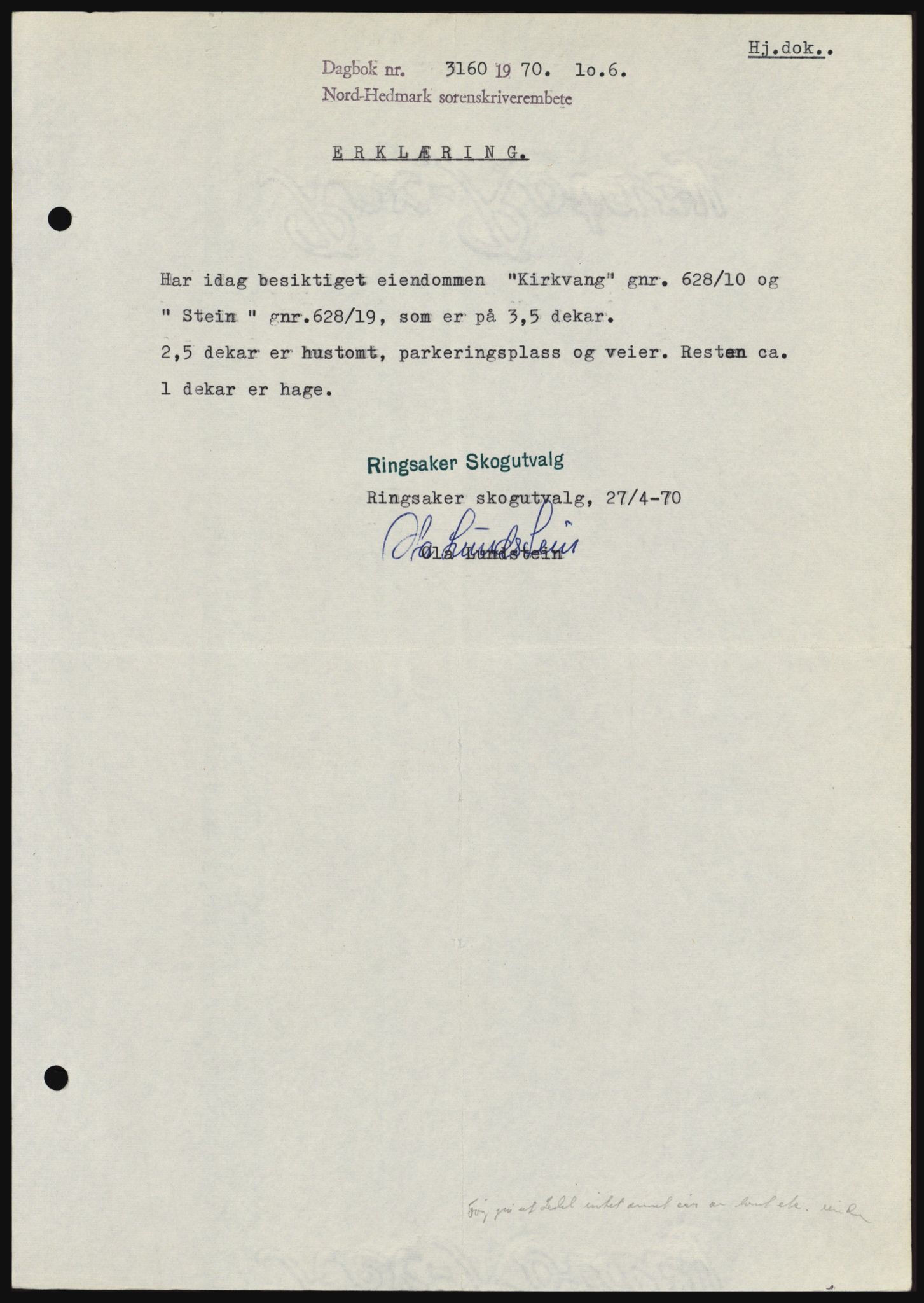 Nord-Hedmark sorenskriveri, SAH/TING-012/H/Hc/L0033: Mortgage book no. 33, 1970-1970, Diary no: : 3160/1970