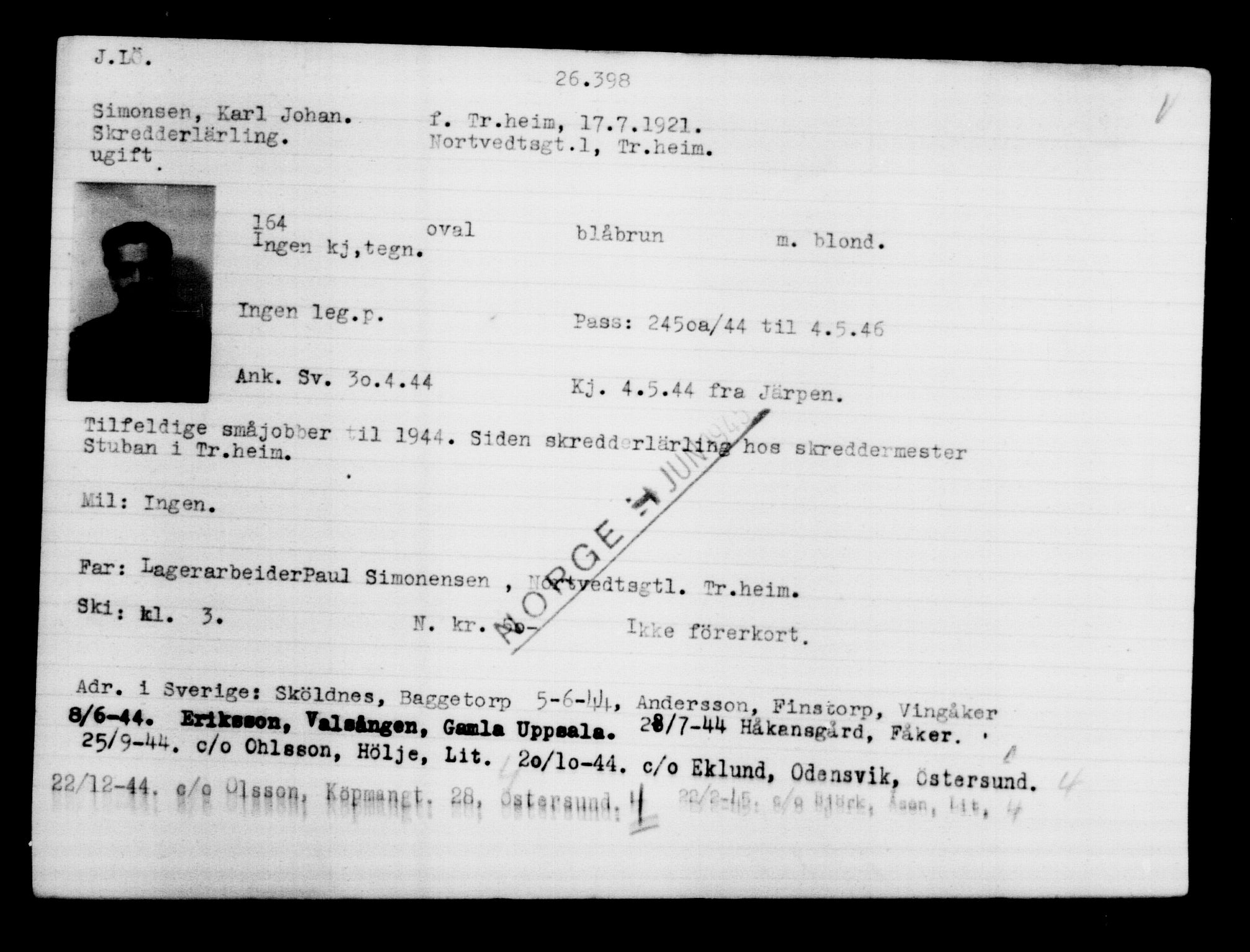 Utenriksstasjonene, Legasjonen i Stockholm, Flyktningkontoret, AV/RA-S-6753/V/Va/L0011: Kjesäterkartoteket, flyktninger med registreringsnr. 25300-28349, 1940-1945, p. 1158