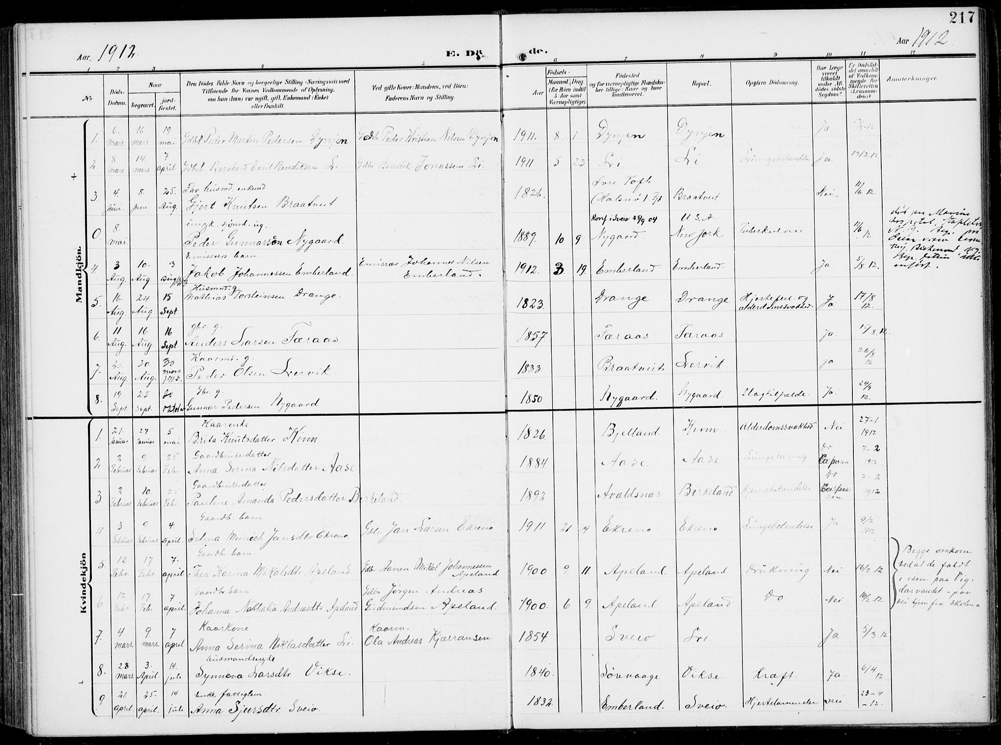 Sveio Sokneprestembete, SAB/A-78501/H/Haa: Parish register (official) no. B  4, 1906-1919, p. 217