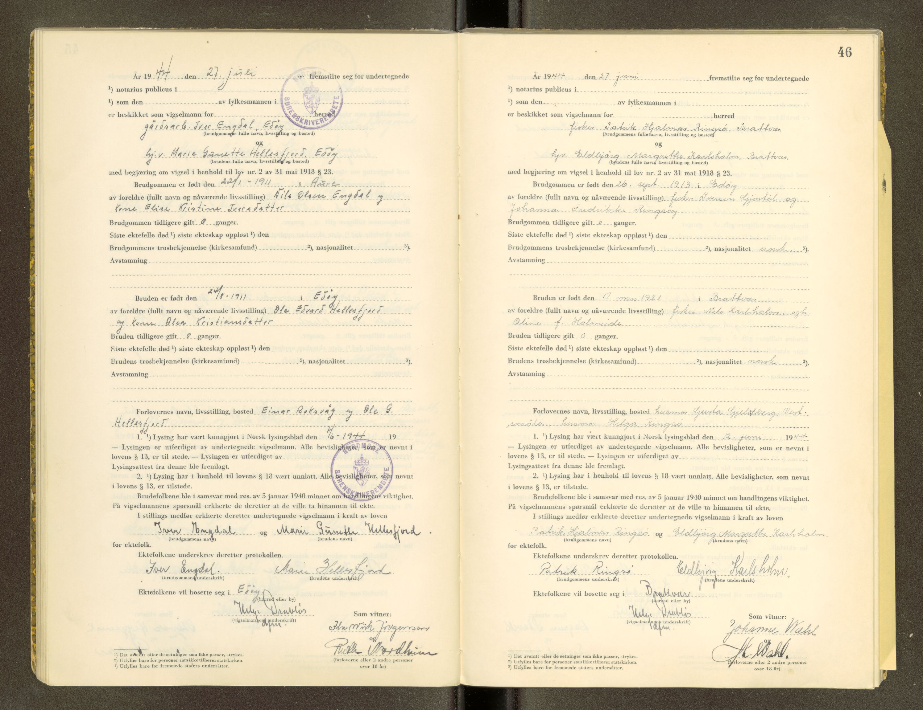 Nordmøre sorenskriveri, SAT/A-4132/1/6/6D/L0003: Vigselsbok, 1943-1944, p. 46