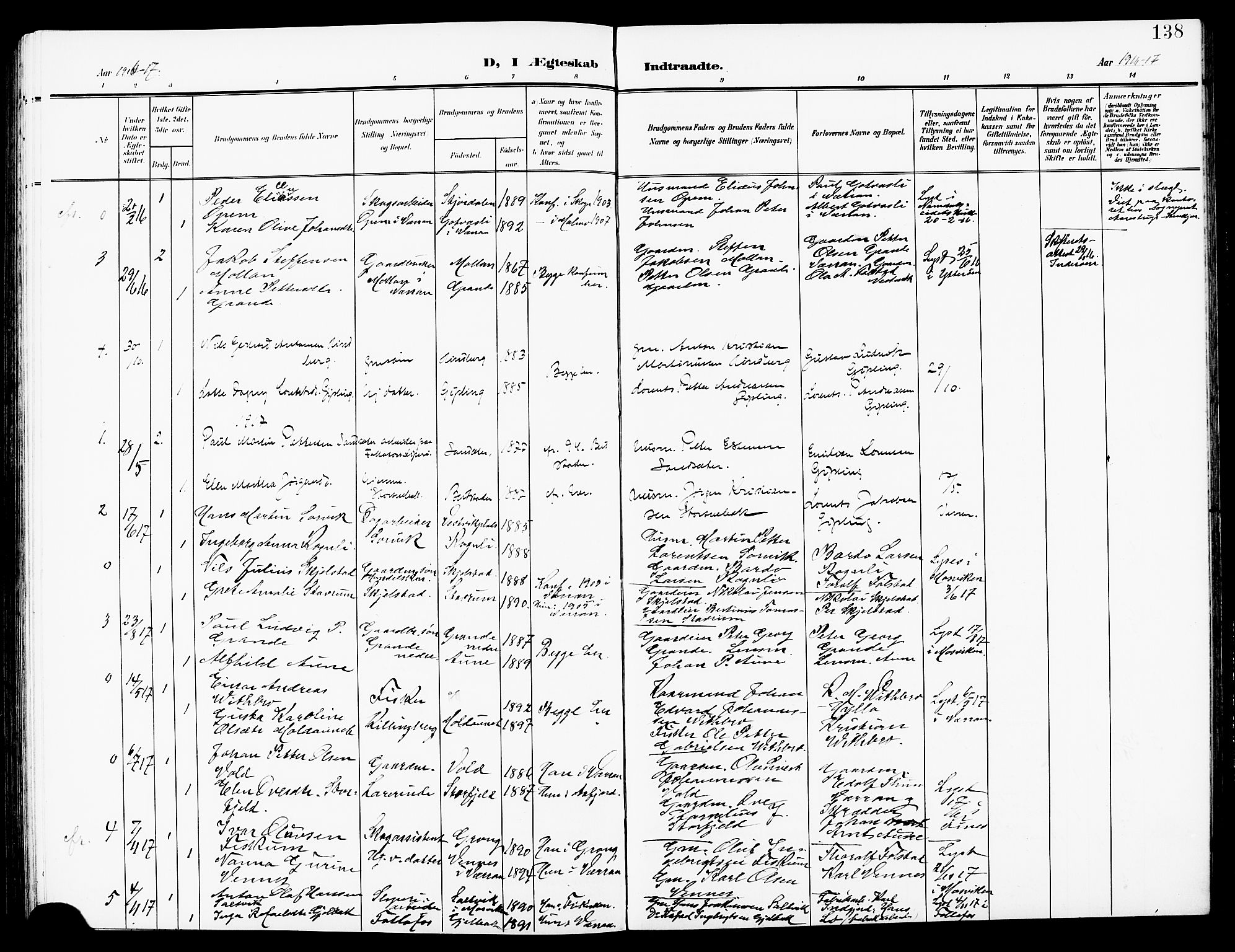 Ministerialprotokoller, klokkerbøker og fødselsregistre - Nord-Trøndelag, SAT/A-1458/744/L0424: Parish register (copy) no. 744C03, 1906-1923, p. 138