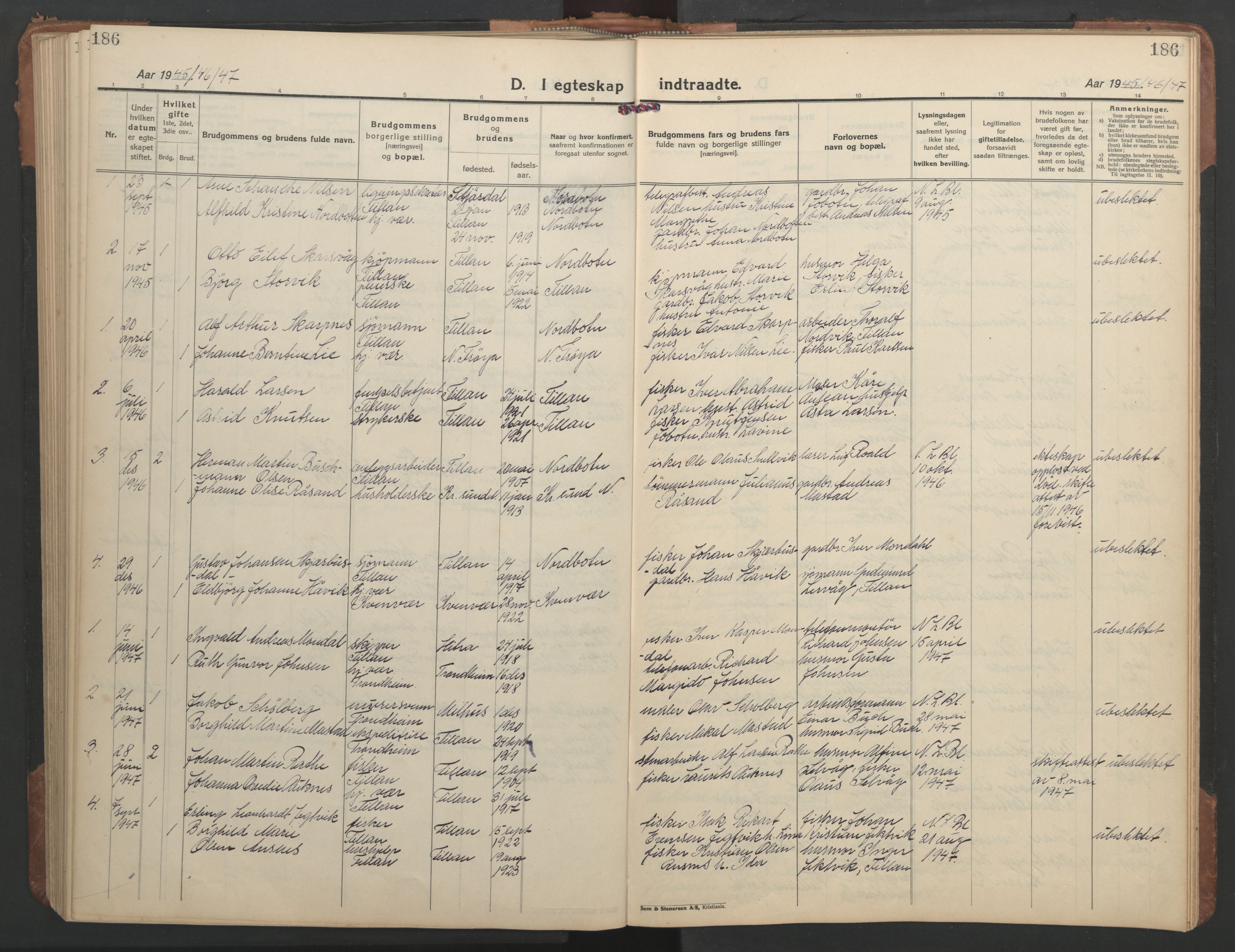 Ministerialprotokoller, klokkerbøker og fødselsregistre - Sør-Trøndelag, SAT/A-1456/638/L0569: Parish register (copy) no. 638C01, 1923-1961, p. 186