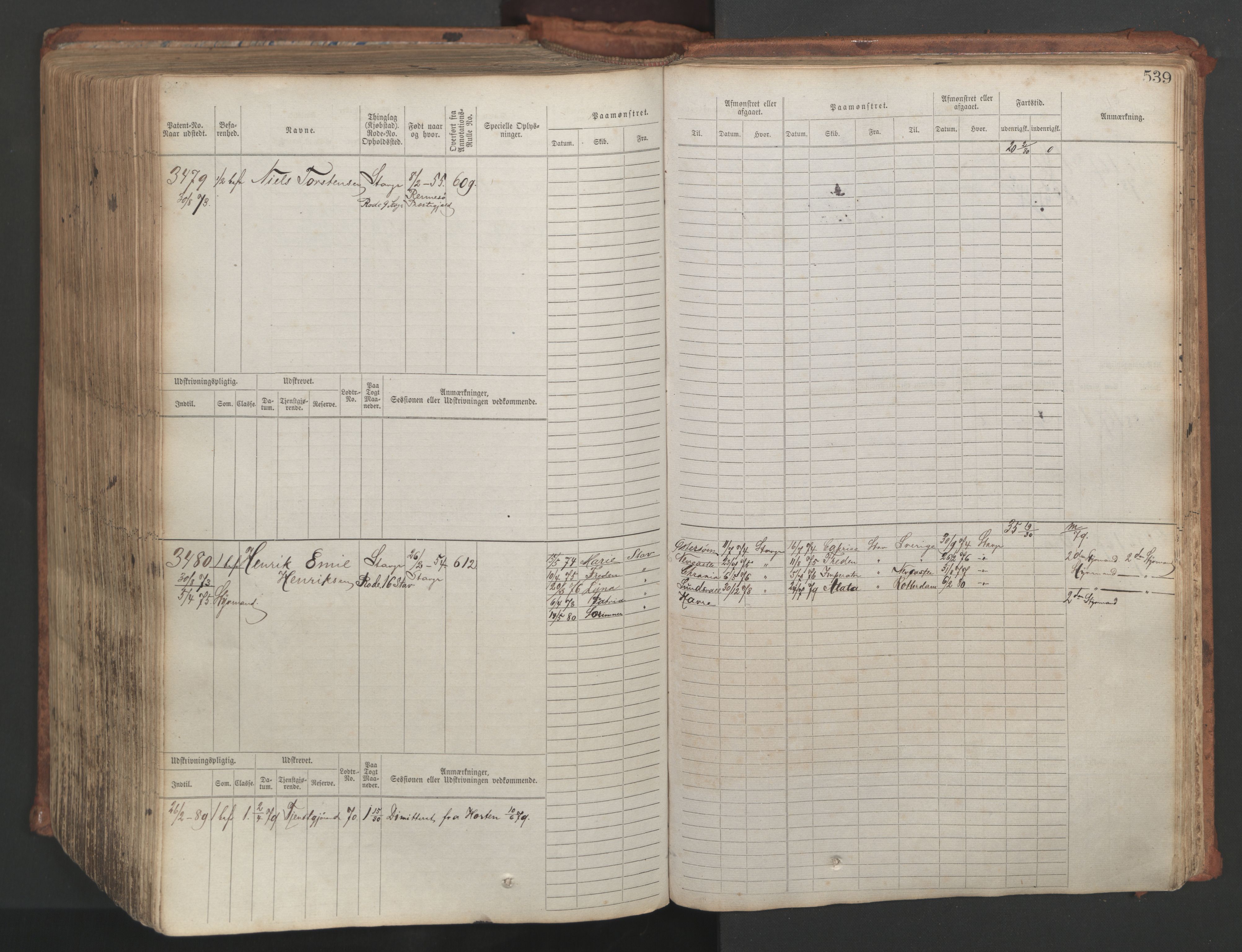 Stavanger sjømannskontor, AV/SAST-A-102006/F/Fb/Fbb/L0007: Sjøfartshovedrulle, patentnr. 2403-3604, 1869-1880, p. 596