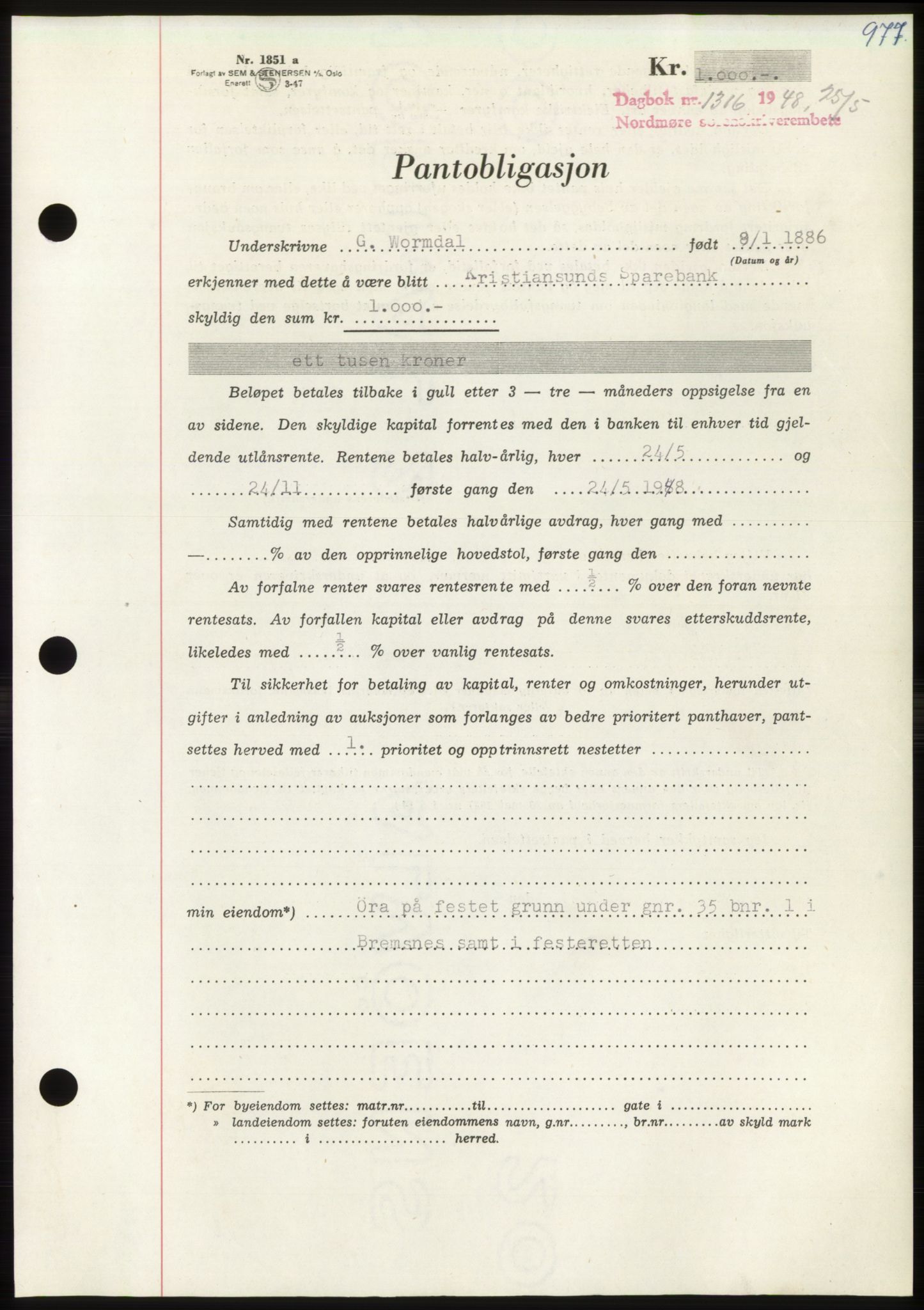 Nordmøre sorenskriveri, AV/SAT-A-4132/1/2/2Ca: Mortgage book no. B98, 1948-1948, Diary no: : 1316/1948