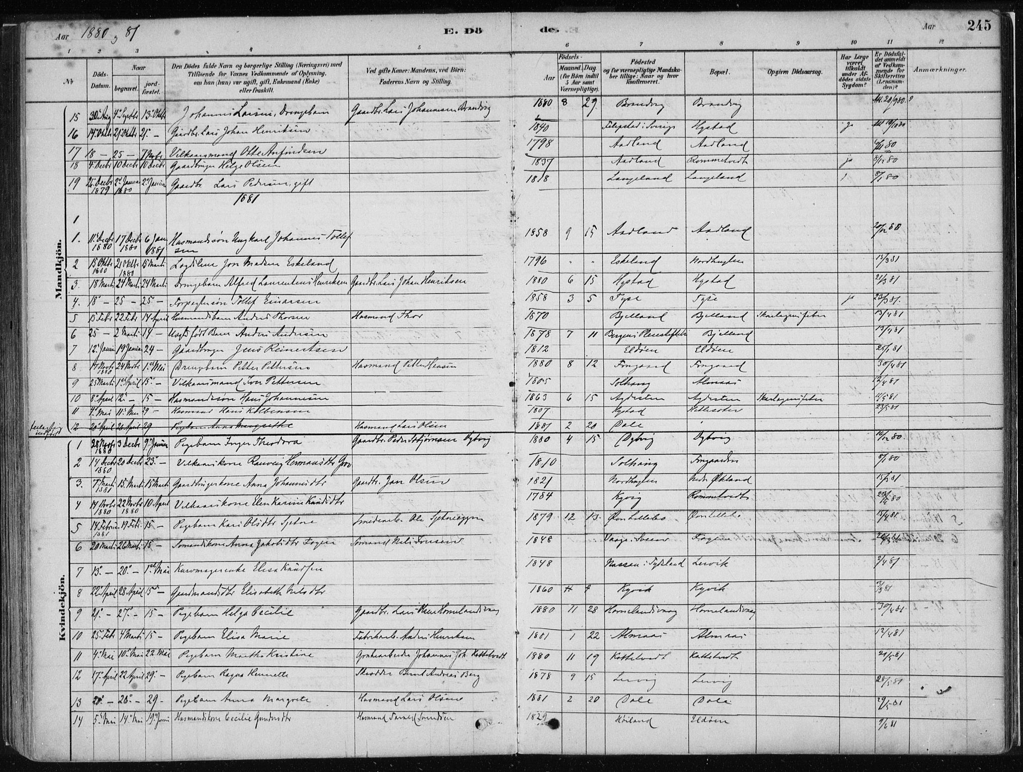 Stord sokneprestembete, AV/SAB-A-78201/H/Haa: Parish register (official) no. B 2, 1878-1913, p. 245