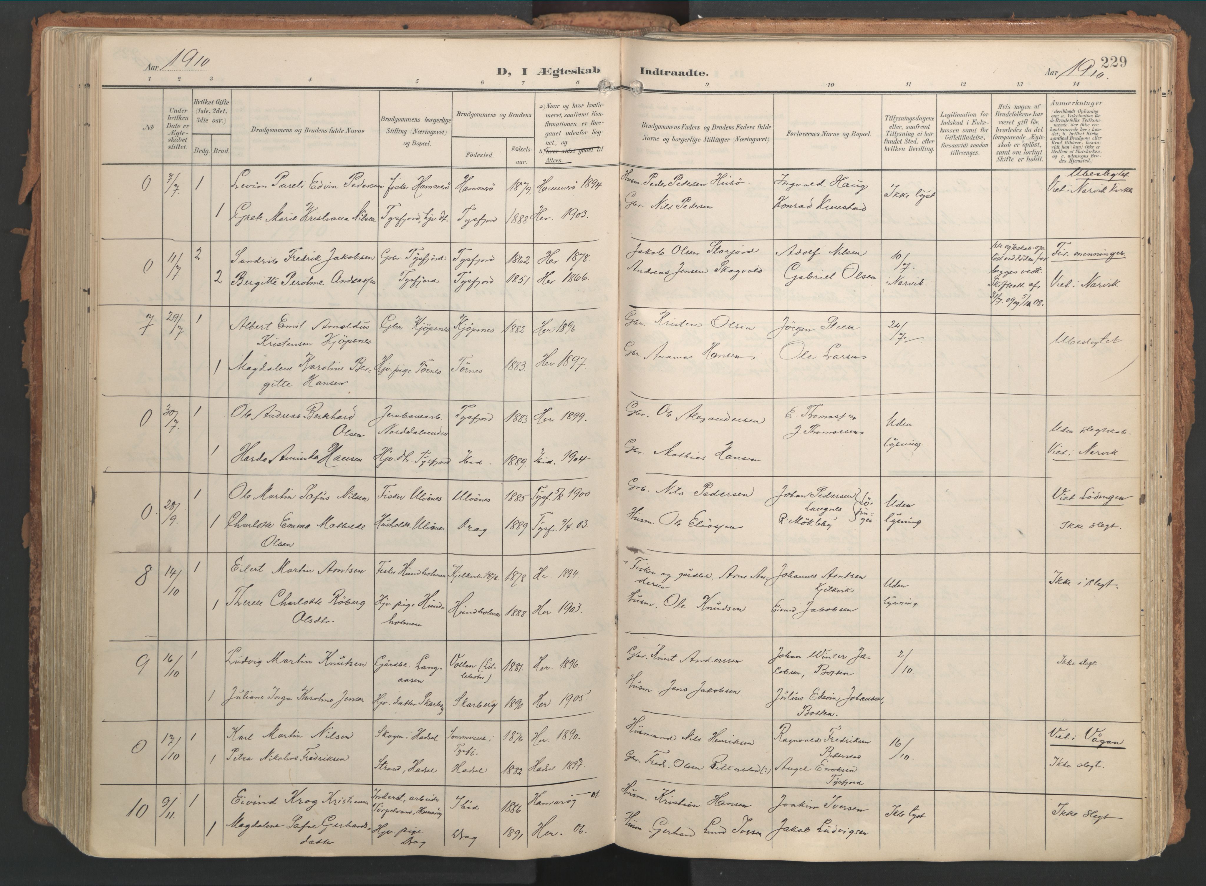 Ministerialprotokoller, klokkerbøker og fødselsregistre - Nordland, AV/SAT-A-1459/861/L0871: Parish register (official) no. 861A06, 1903-1916, p. 229