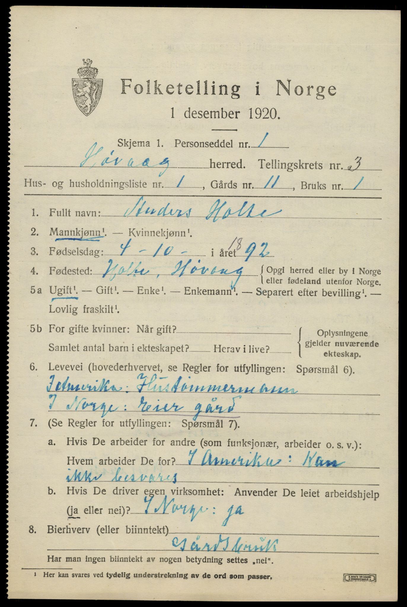 SAK, 1920 census for Høvåg, 1920, p. 1490