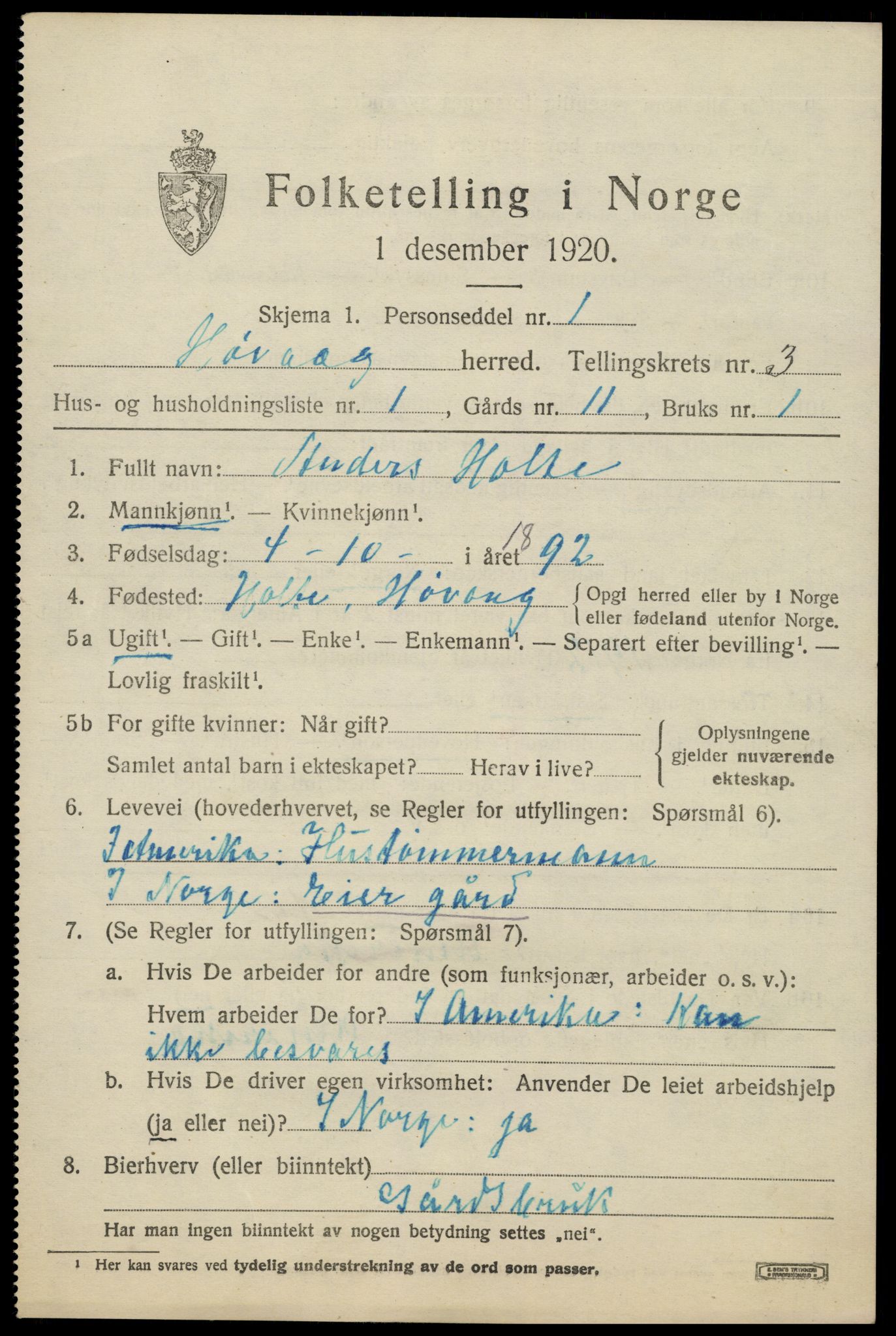 SAK, 1920 census for Høvåg, 1920, p. 1490