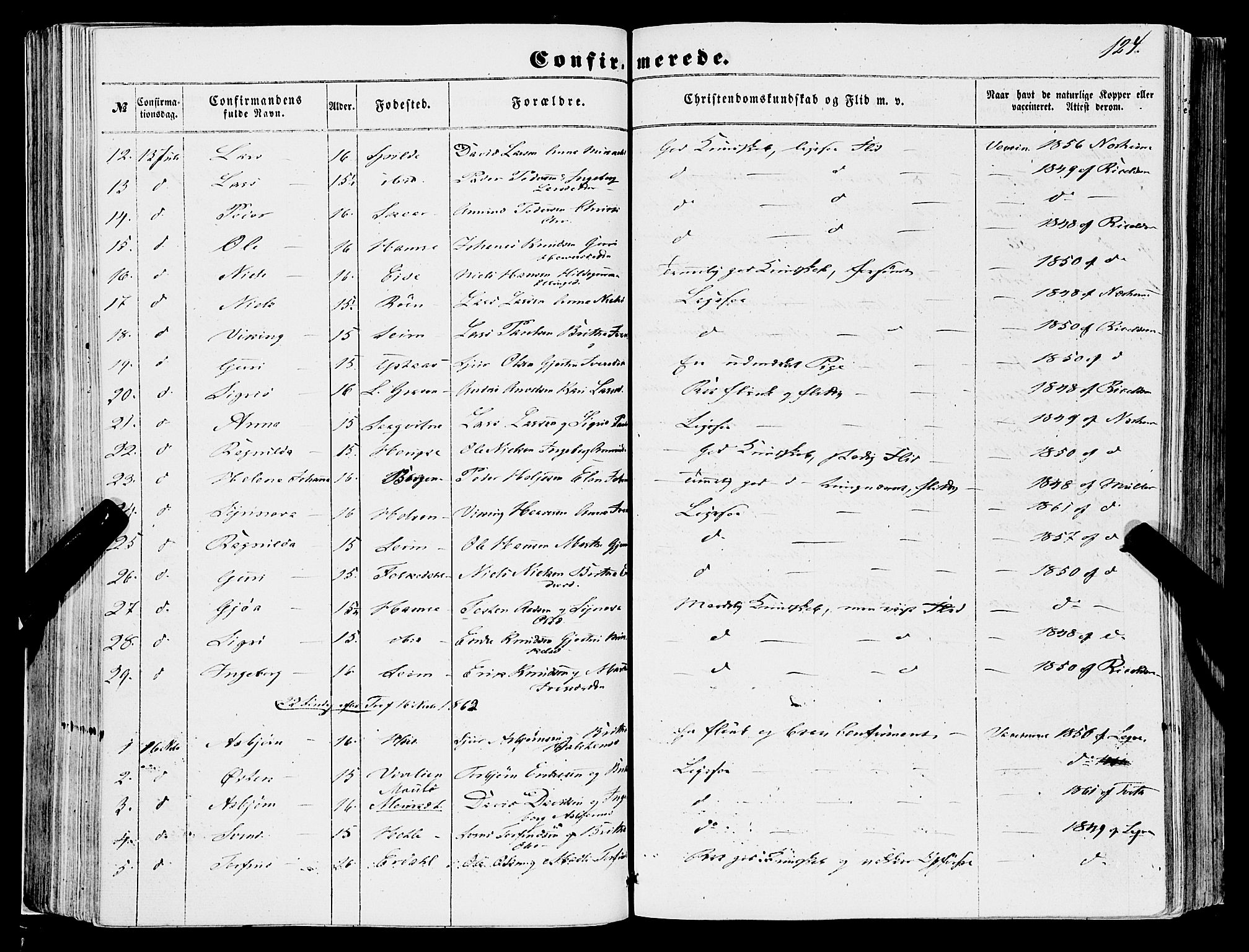 Ulvik sokneprestembete, SAB/A-78801/H/Haa: Parish register (official) no. A 13, 1853-1863, p. 124