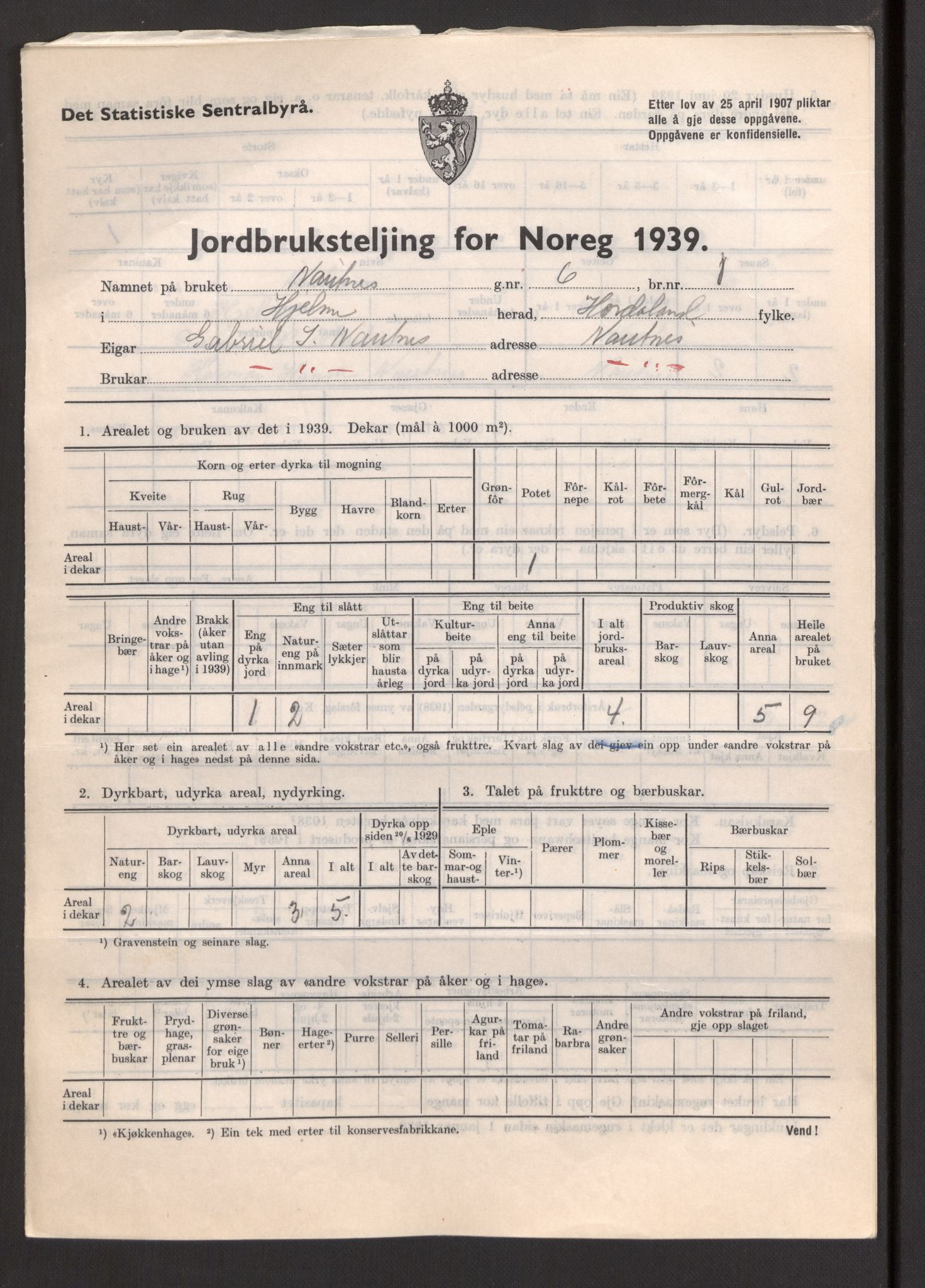 Statistisk sentralbyrå, Næringsøkonomiske emner, Jordbruk, skogbruk, jakt, fiske og fangst, AV/RA-S-2234/G/Gb/L0211: Hordaland: Herdla, Hjelme og Manger, 1939, p. 1177