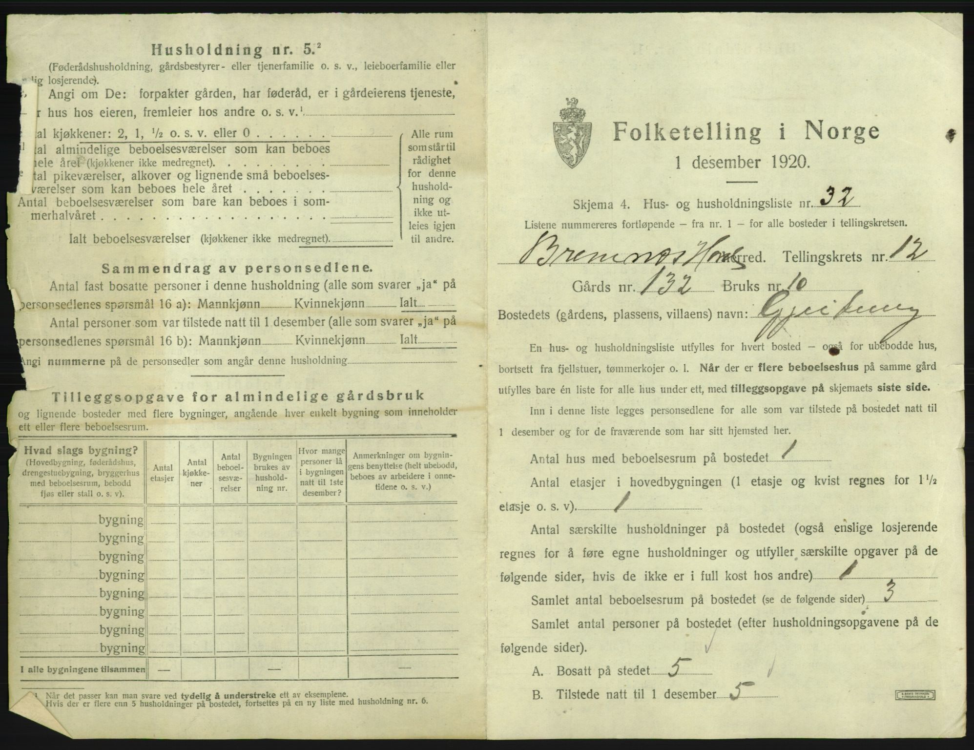 SAB, 1920 census for Bremnes, 1920, p. 1088