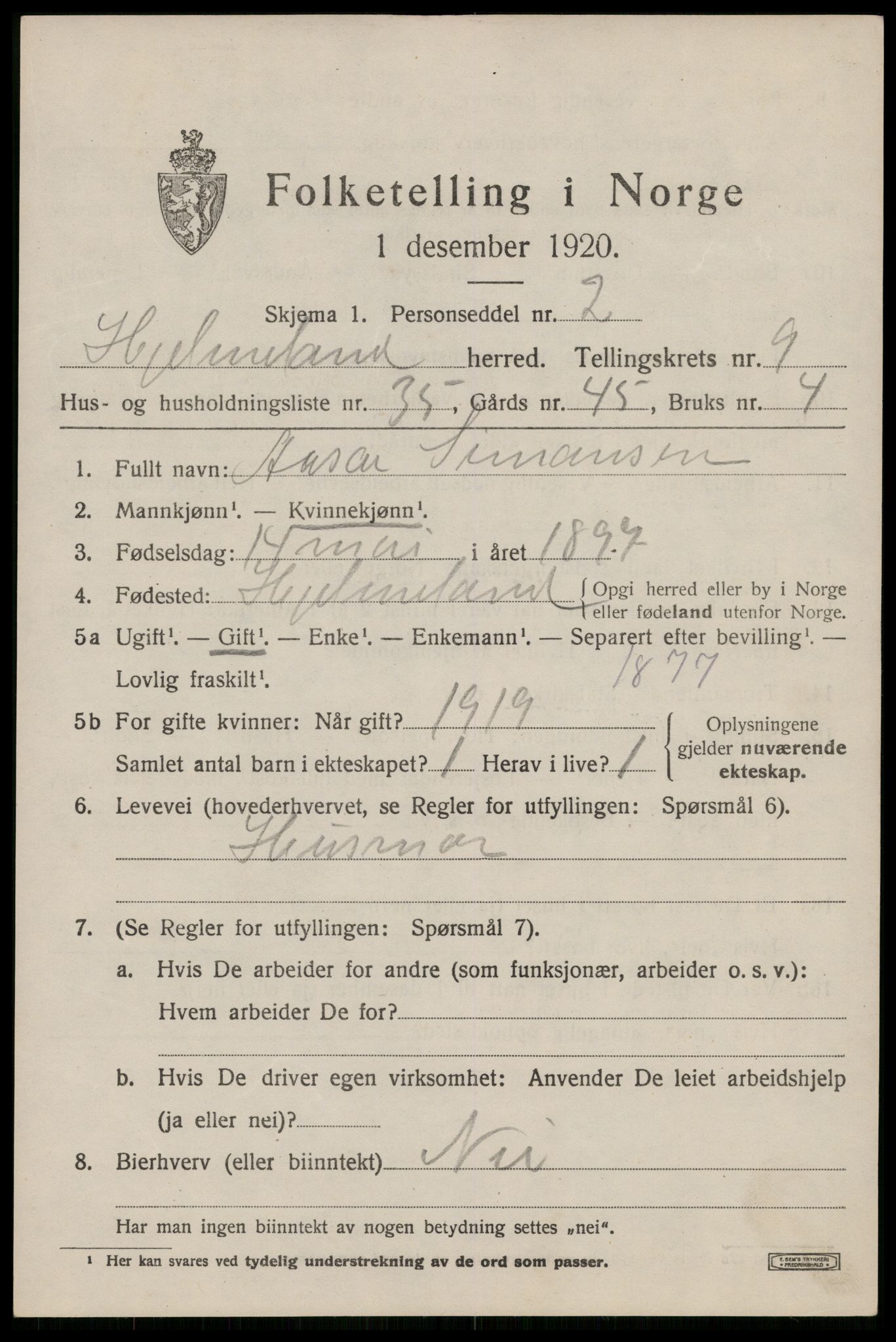 SAST, 1920 census for Hjelmeland, 1920, p. 3117