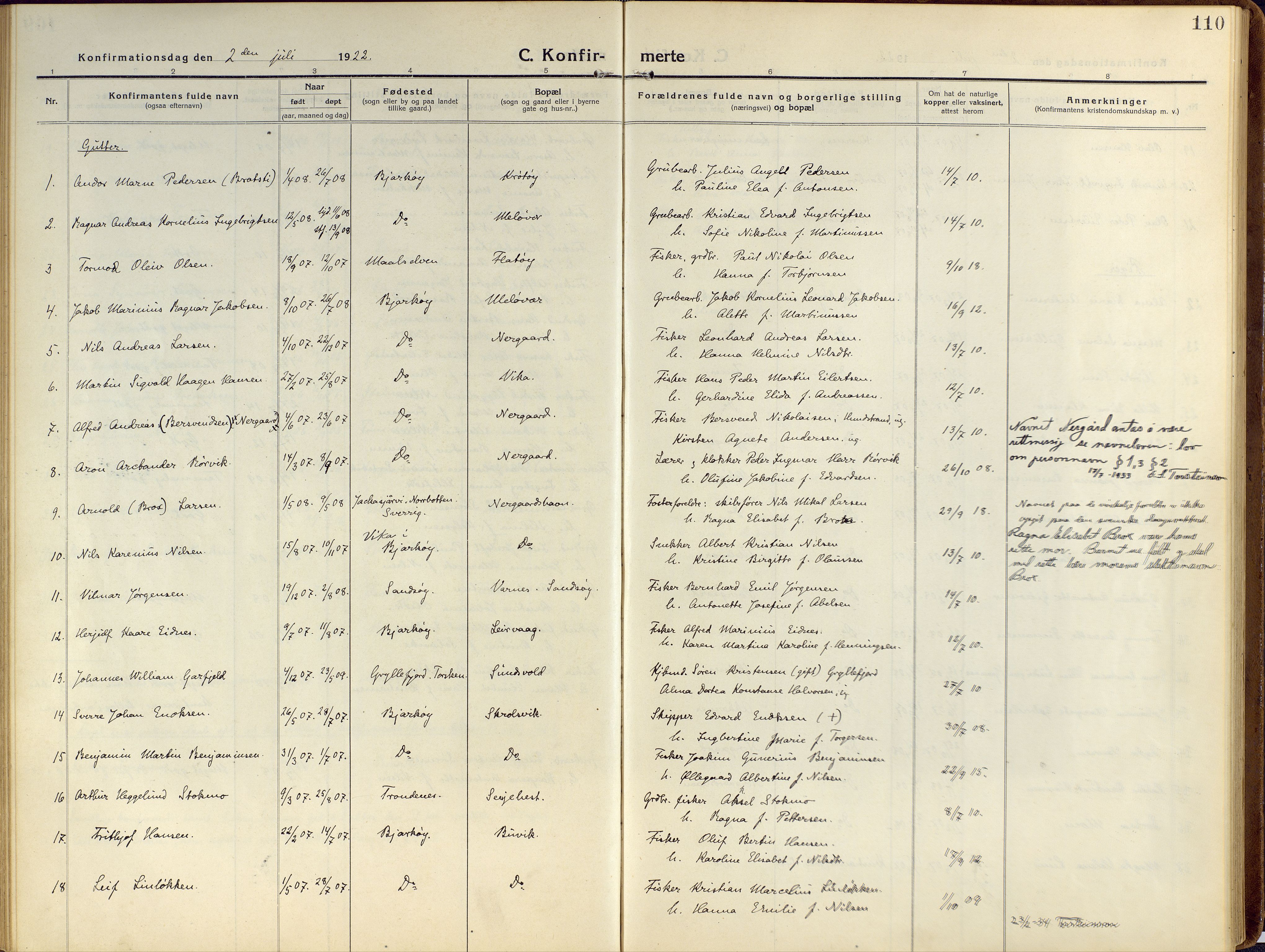 Sand/Bjarkøy sokneprestkontor, AV/SATØ-S-0811/I/Ia/Iaa/L0006kirke: Parish register (official) no. 6, 1915-1929, p. 110