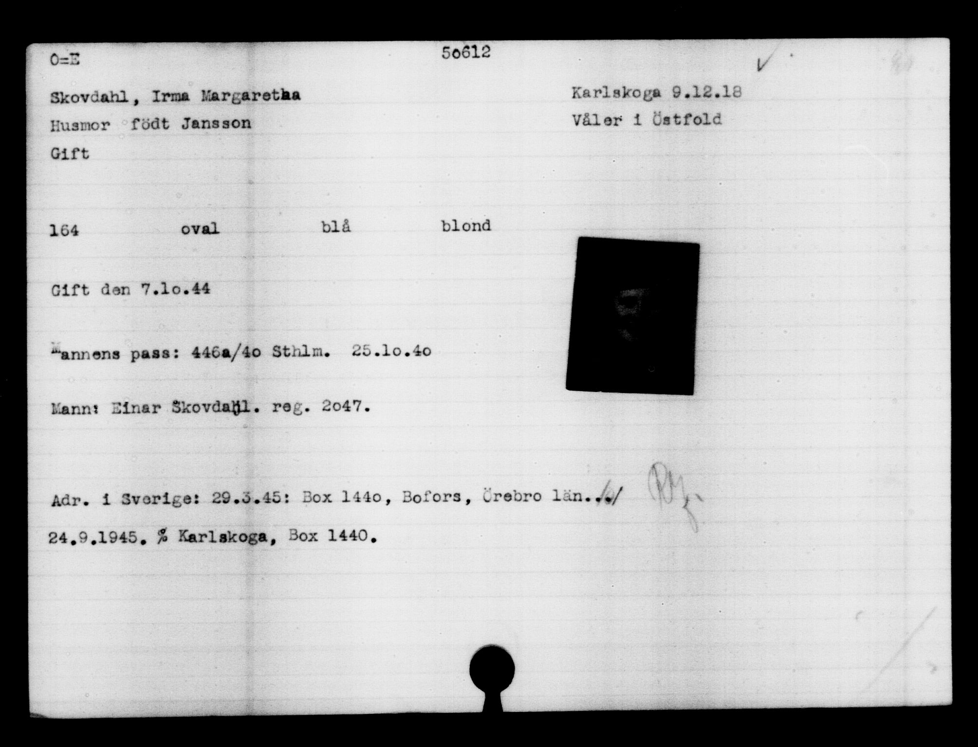 Utenriksstasjonene, Legasjonen i Stockholm, Flyktningkontoret, AV/RA-S-6753/V/Va/L0019: Kjesäterkartoteket, flyktninger med registreringsnr. 49600-55060, 1940-1945, p. 1040