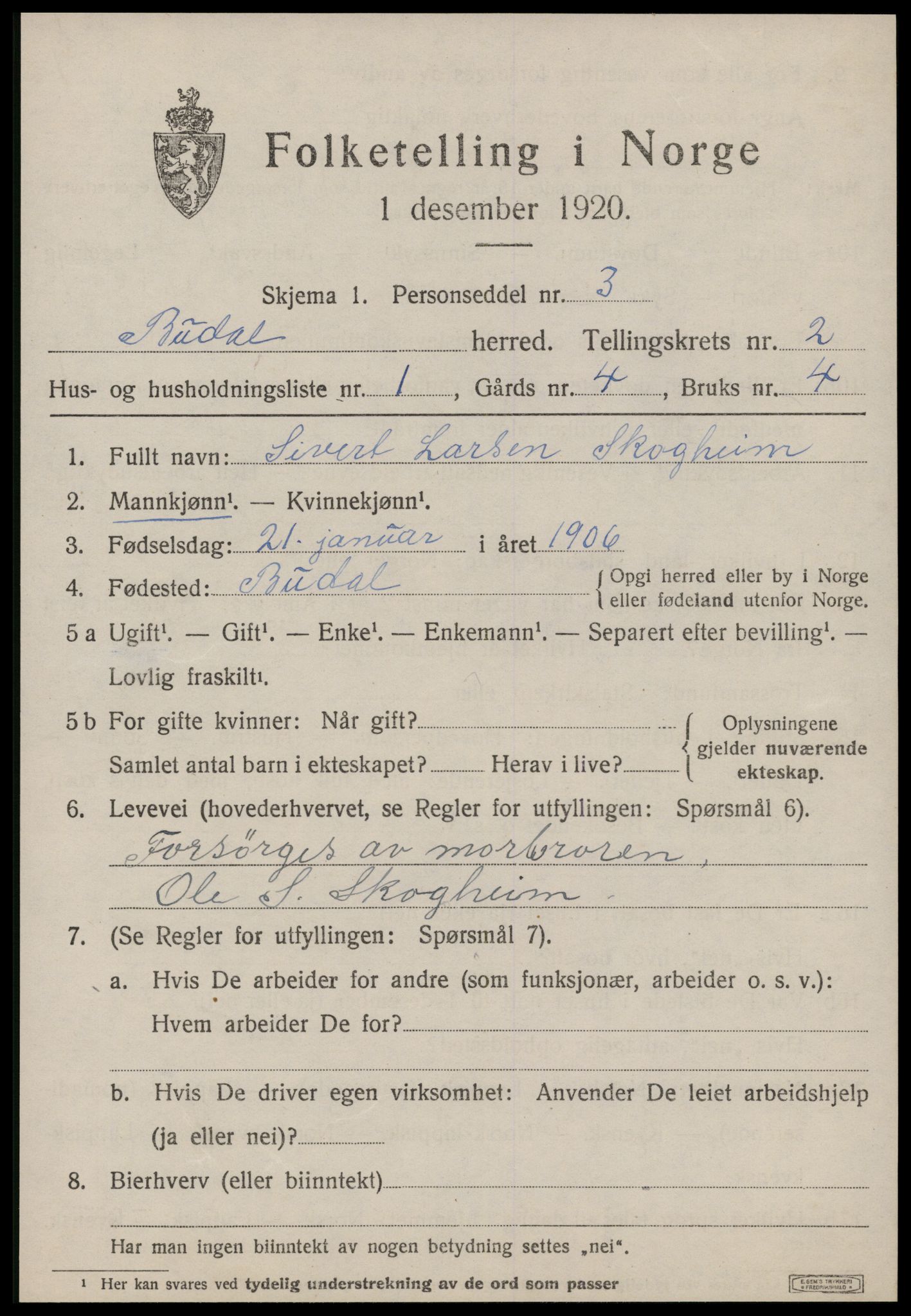 SAT, 1920 census for Budal, 1920, p. 394