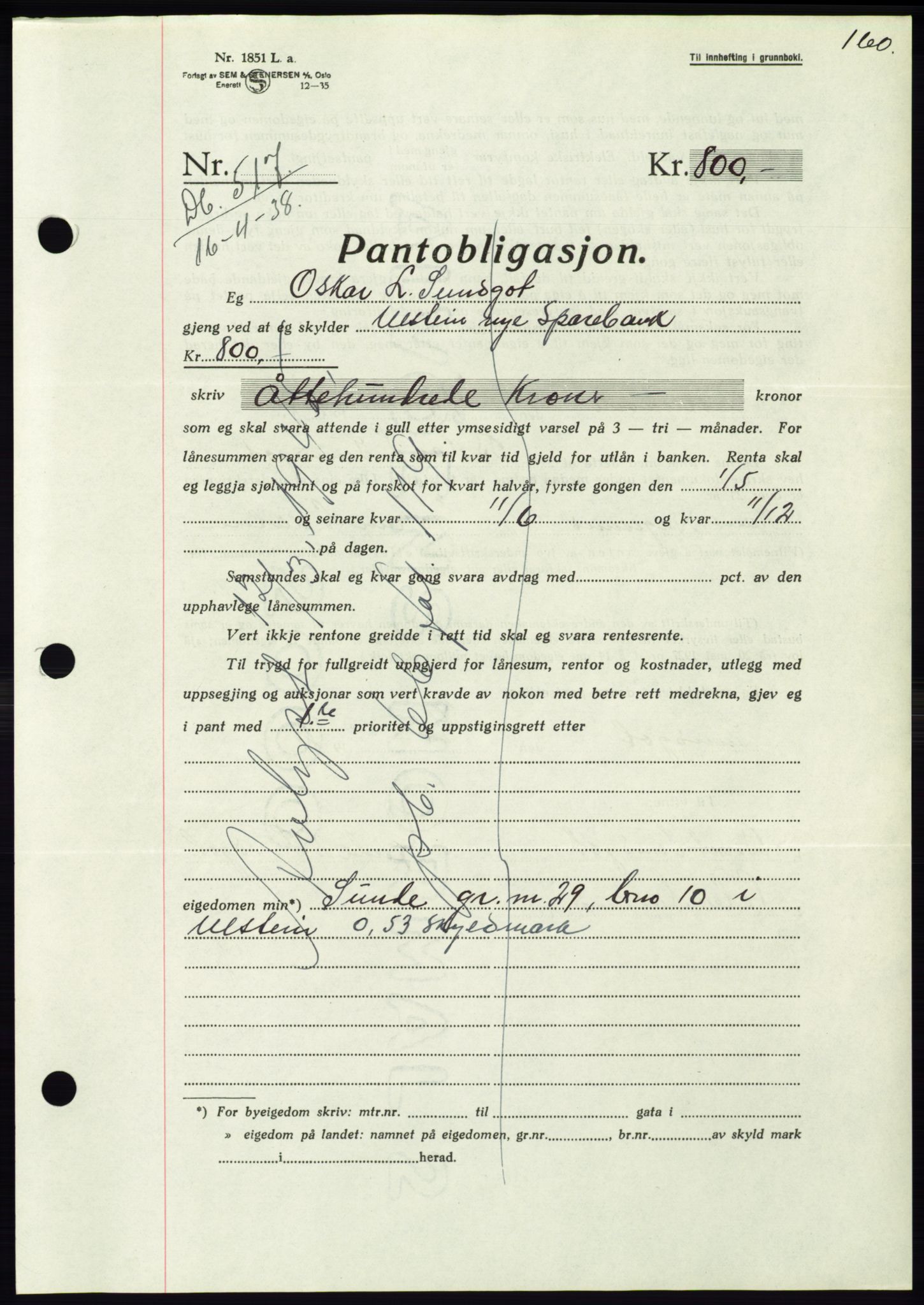 Søre Sunnmøre sorenskriveri, AV/SAT-A-4122/1/2/2C/L0065: Mortgage book no. 59, 1938-1938, Diary no: : 517/1938