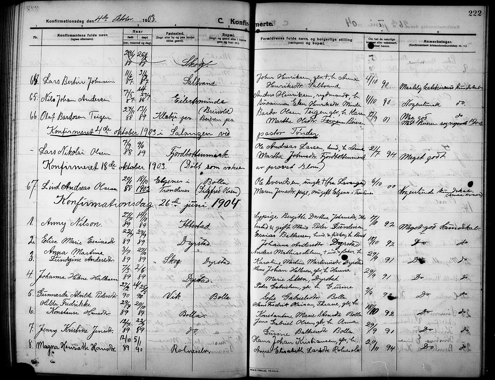 Ibestad sokneprestembete, SATØ/S-0077/H/Ha/Hab/L0009klokker: Parish register (copy) no. 9, 1902-1914, p. 222